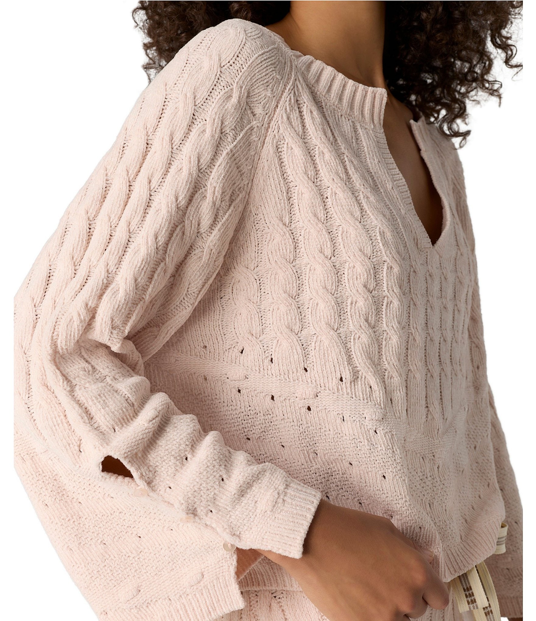 Free People Fireside Crush Bracelet Sleeve Split V-Neck Knit Lounge Coordinating Pullover