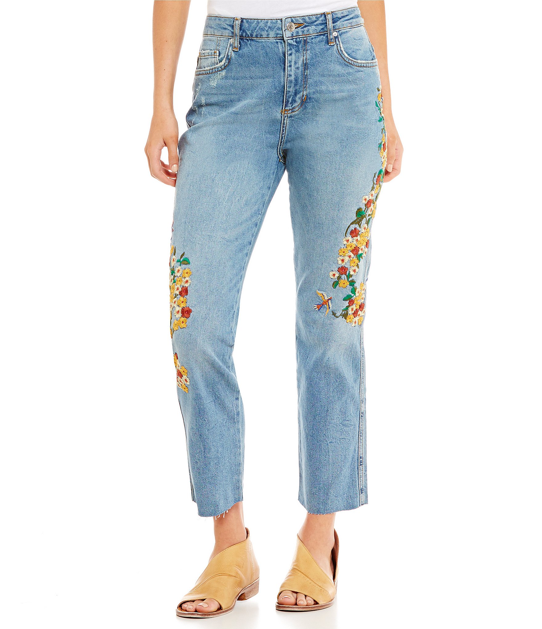 Free People Floral Embroidered Girlfriend Jeans | Dillards
