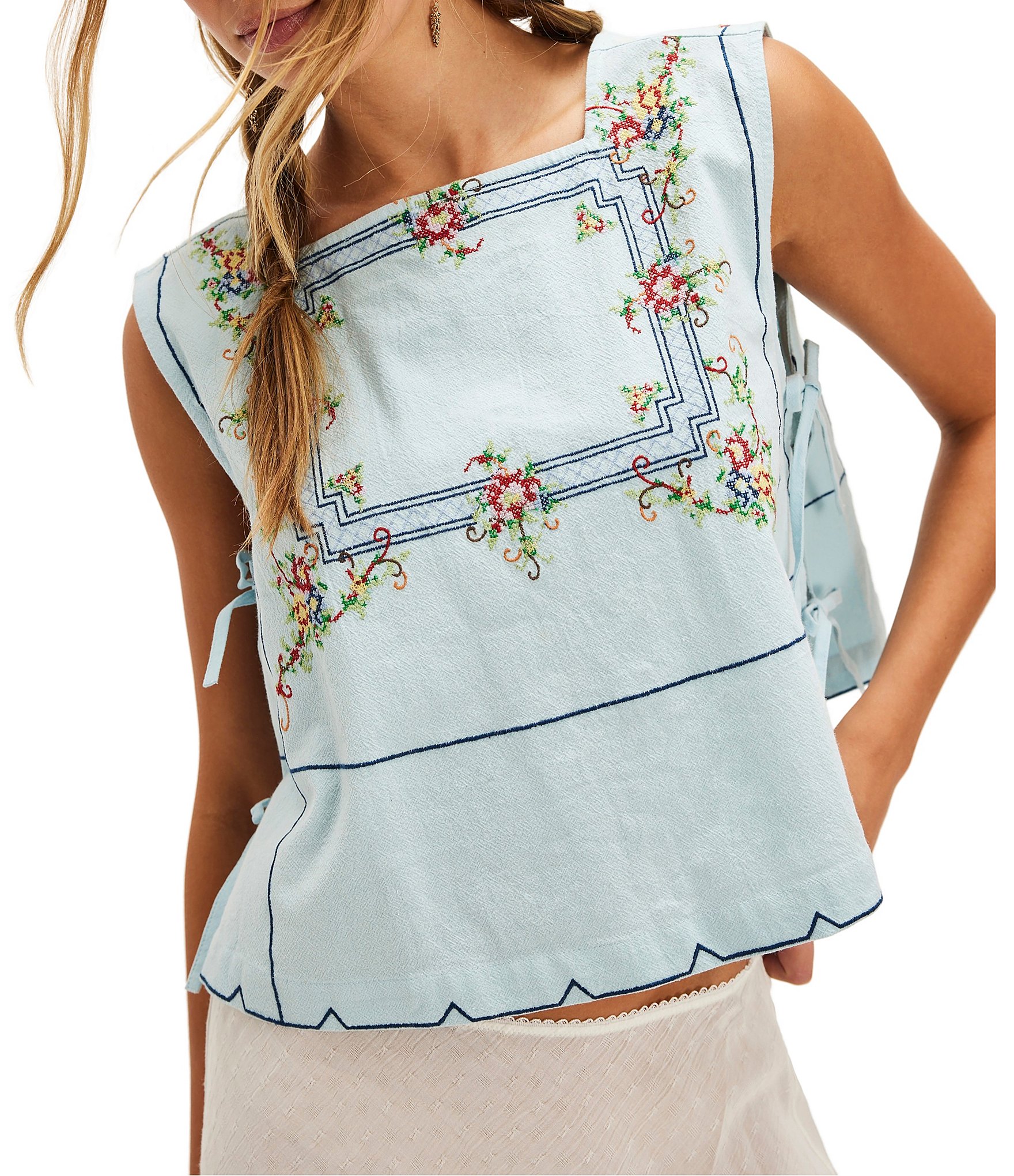 Free People Garden Wall Embroidered Square Neck Sleeveless Top