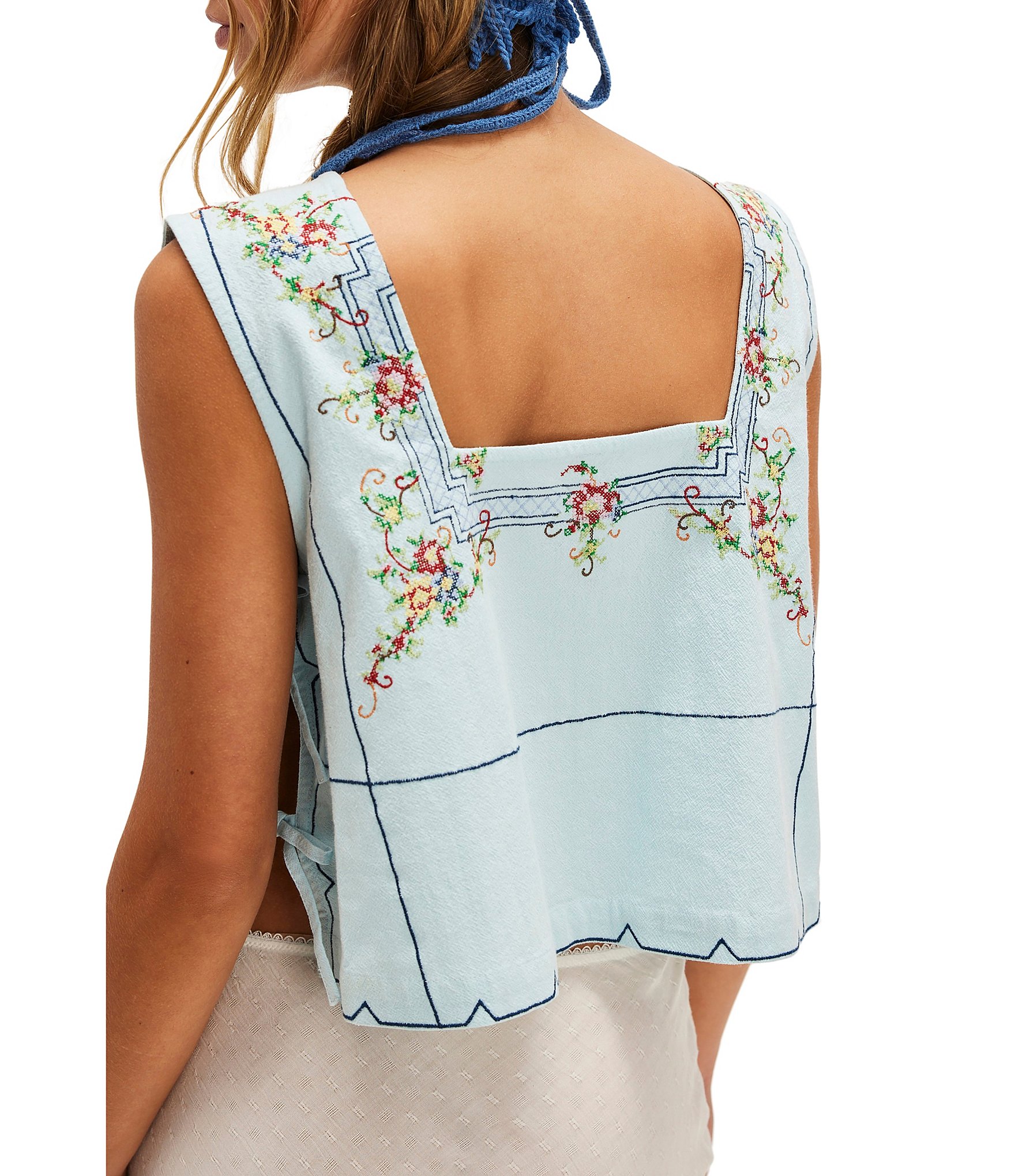 Free People Garden Wall Embroidered Square Neck Sleeveless Top