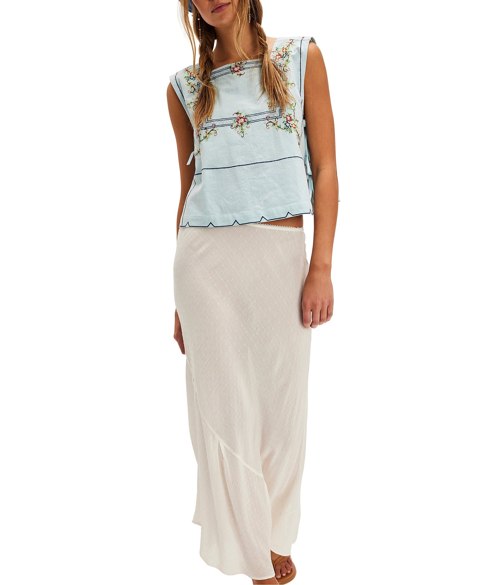 Free People Garden Wall Embroidered Square Neck Sleeveless Top