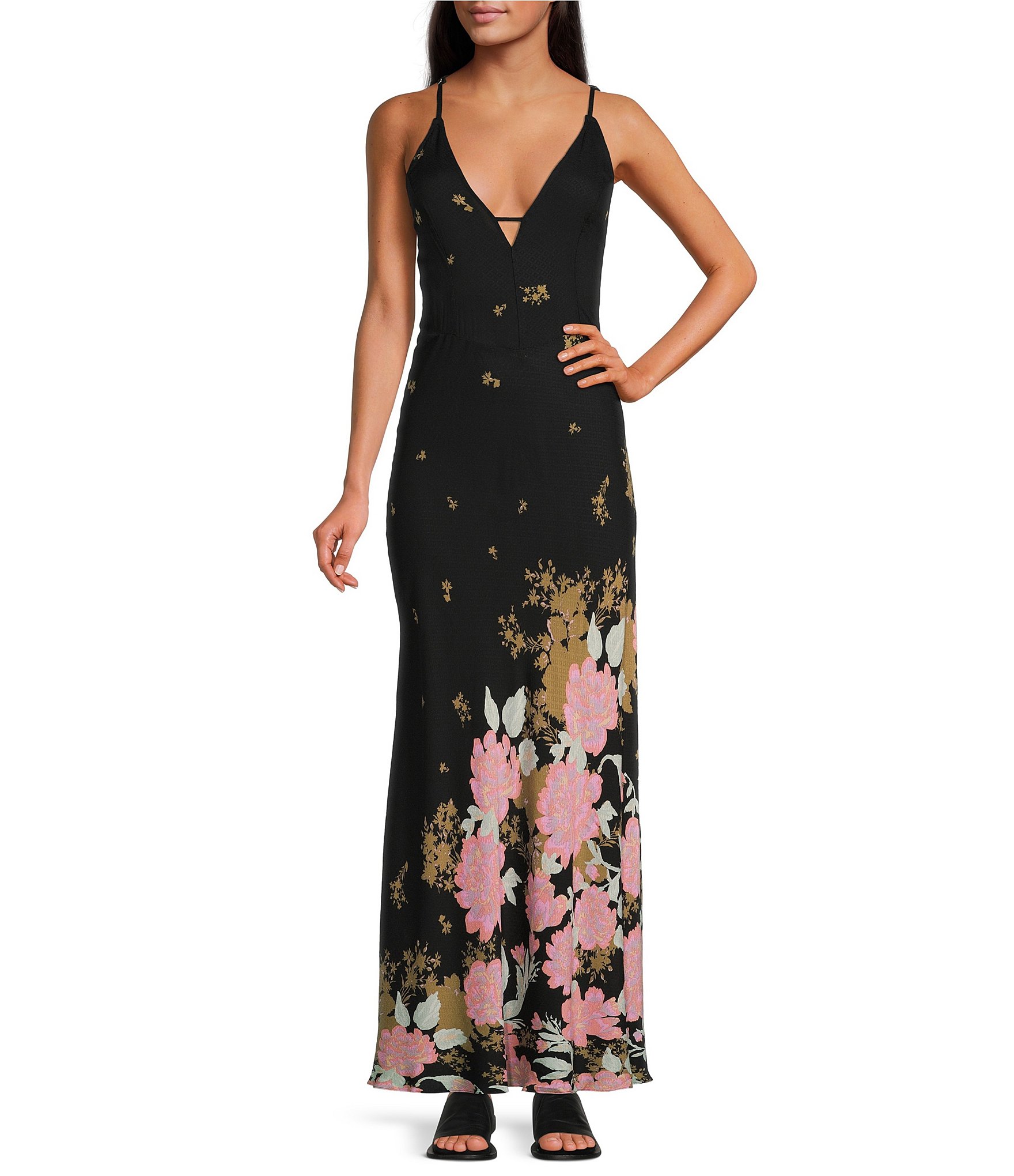 Free People Get To You Floral Placement Print Keyhole Deep V Neck Sleeveless Strappy Back Detail