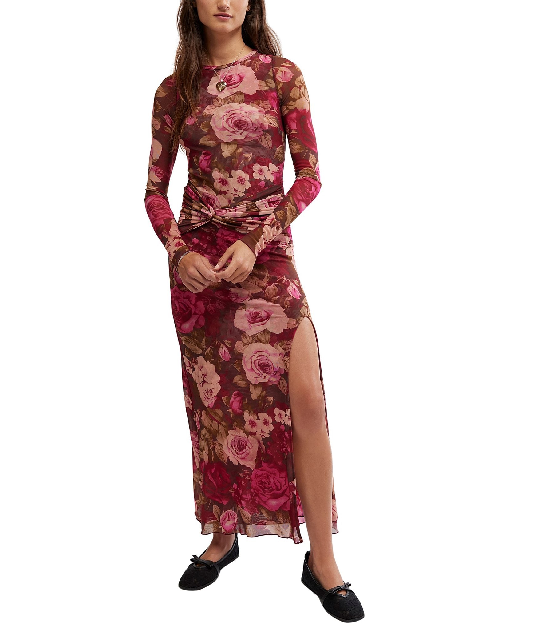 Free deals people red floral long sleeve dress