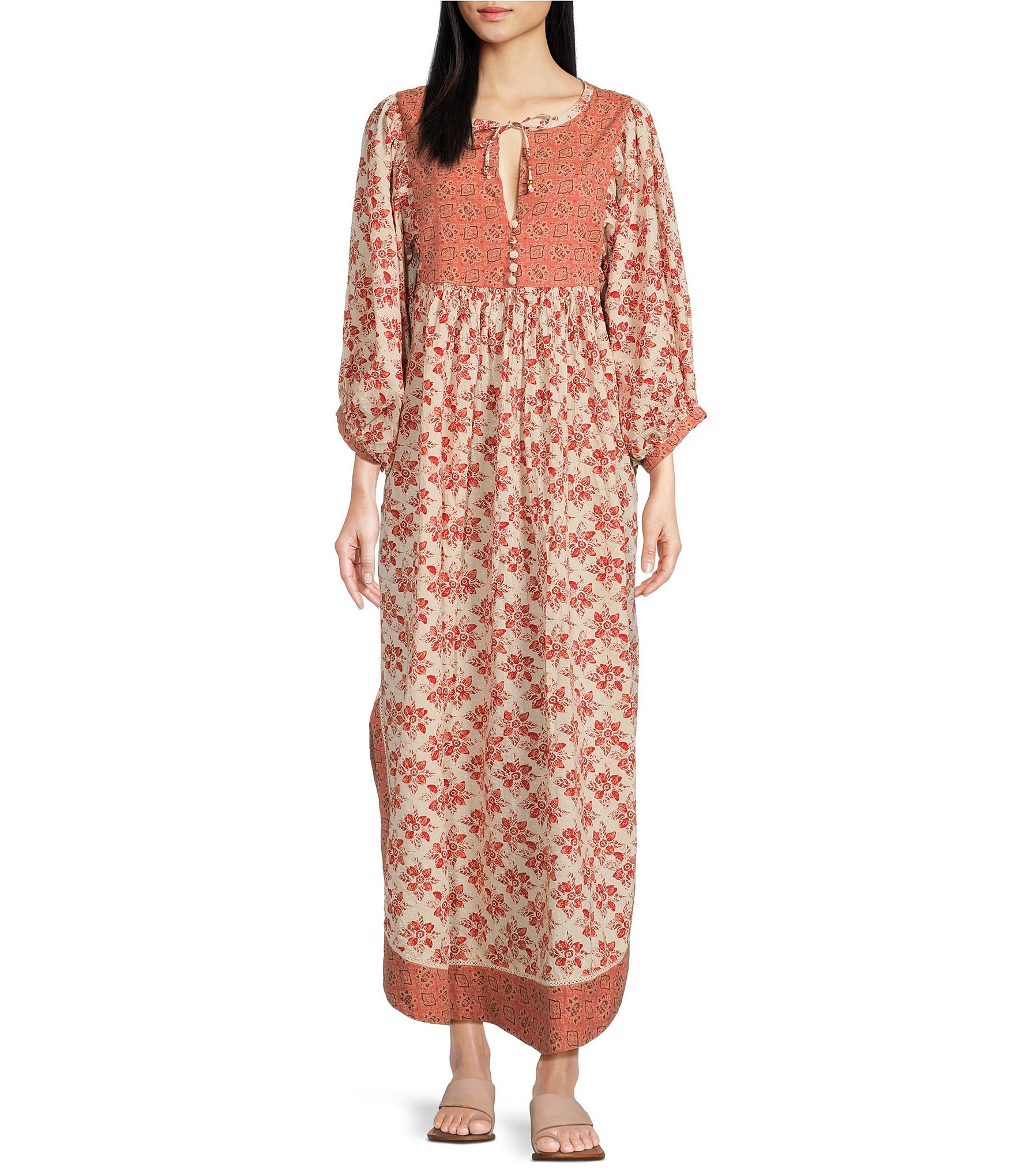 Free People Hazy Maisy Floral Print Button Front Neck Long Sleeve Maxi ...