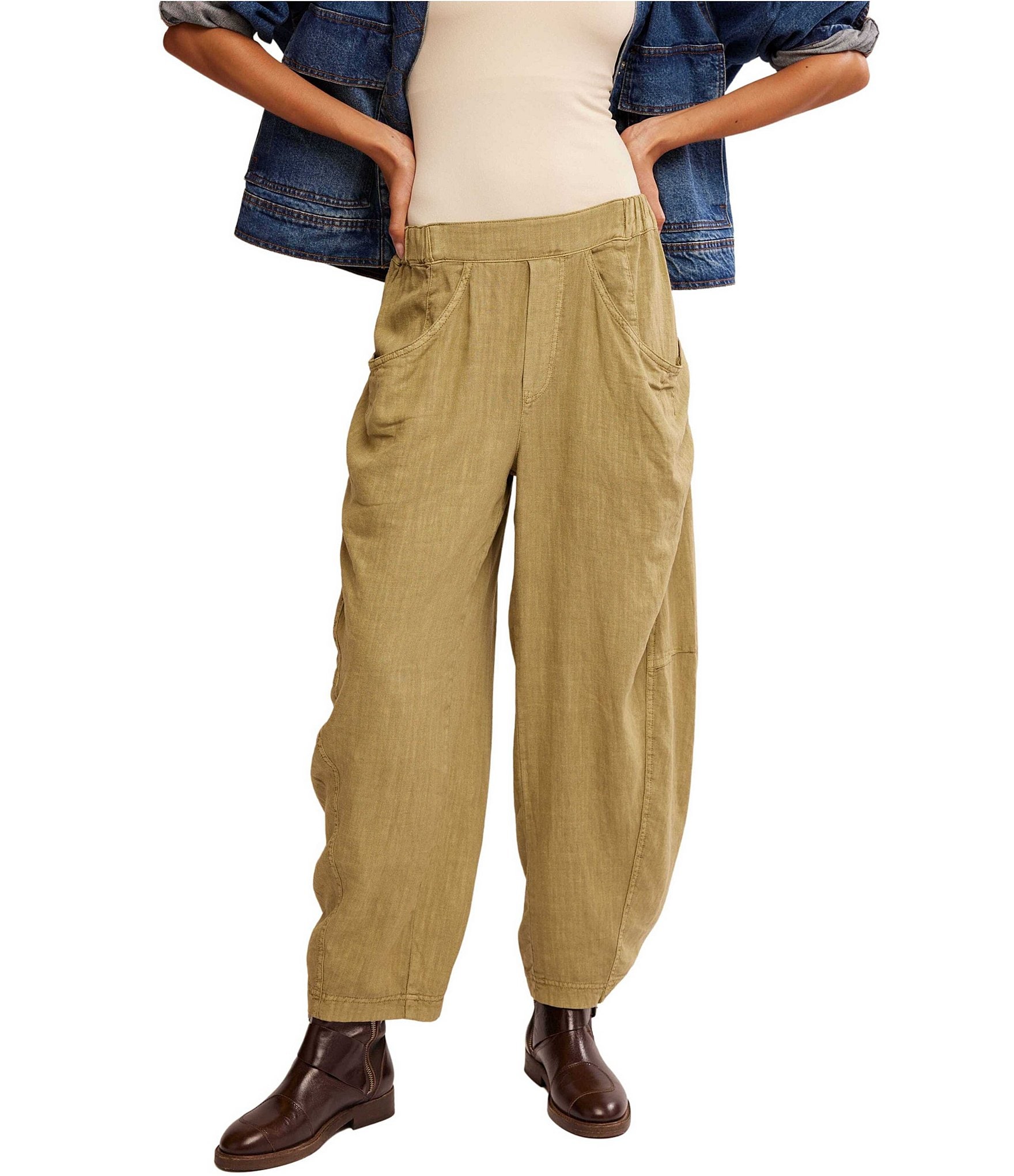 Free People High Road Pull On Barrel Mid Rise Linen Pants