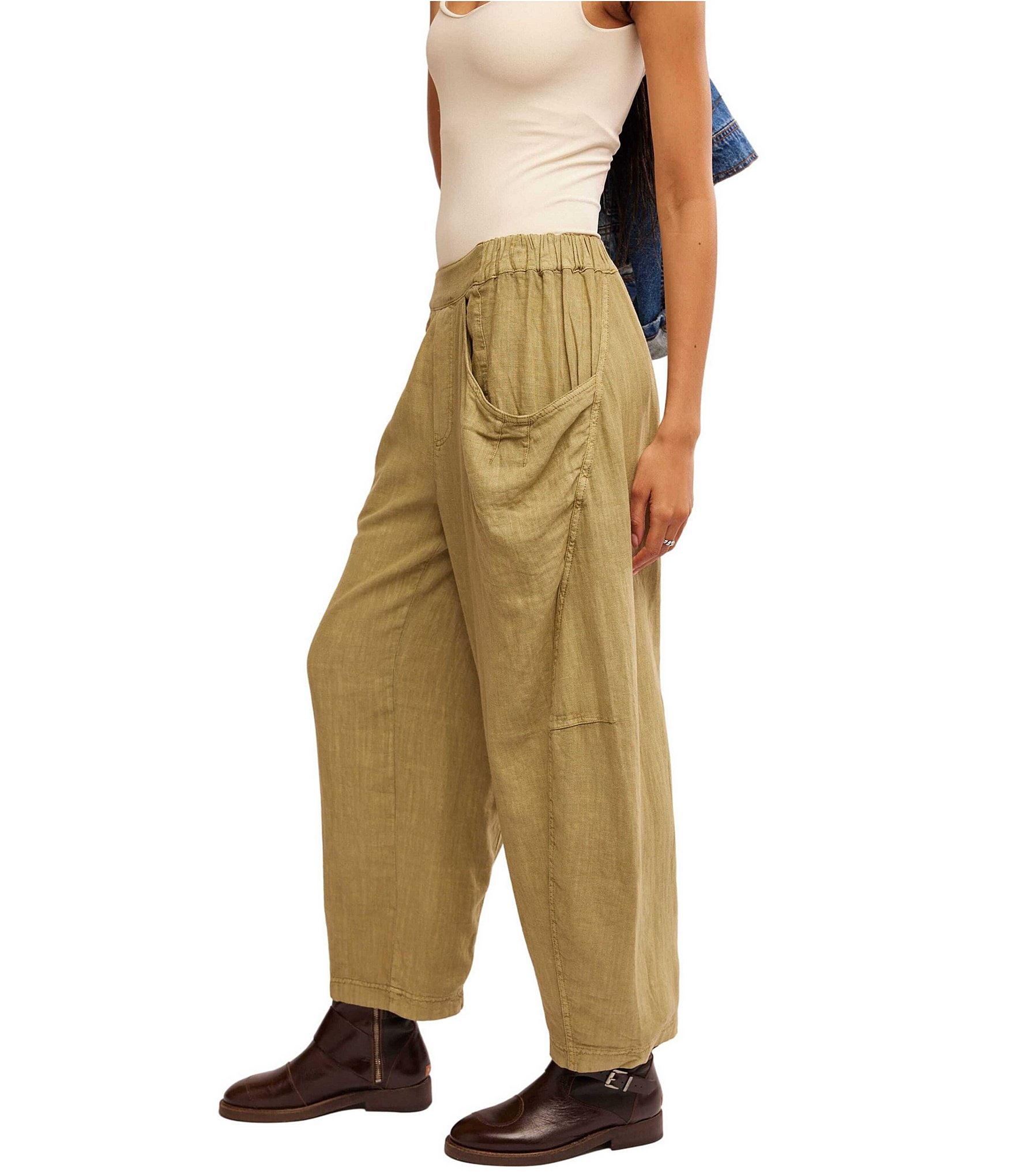 Free People High Road Pull On Barrel Mid Rise Linen Pants