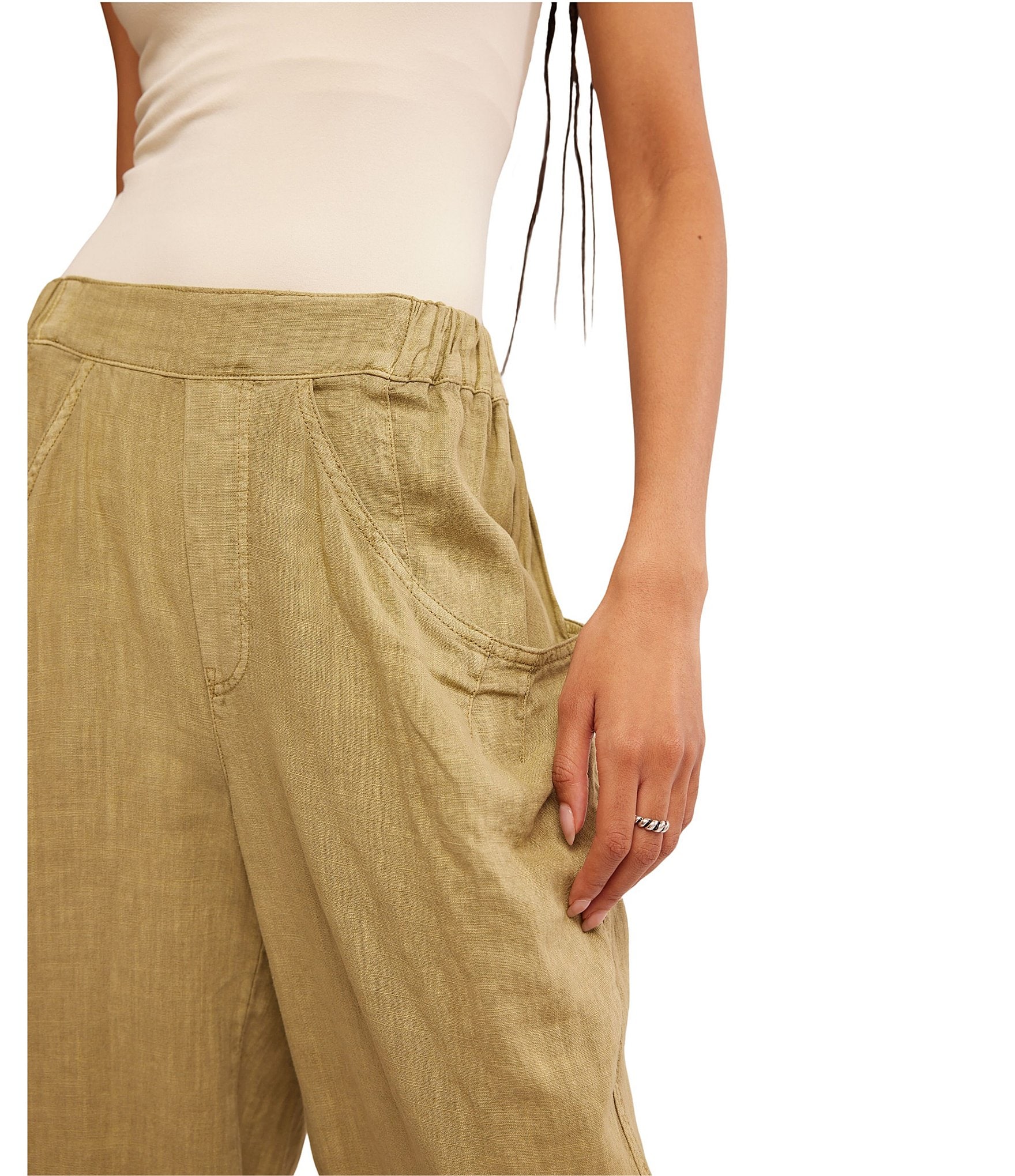 Free People High Road Pull On Barrel Mid Rise Linen Pants