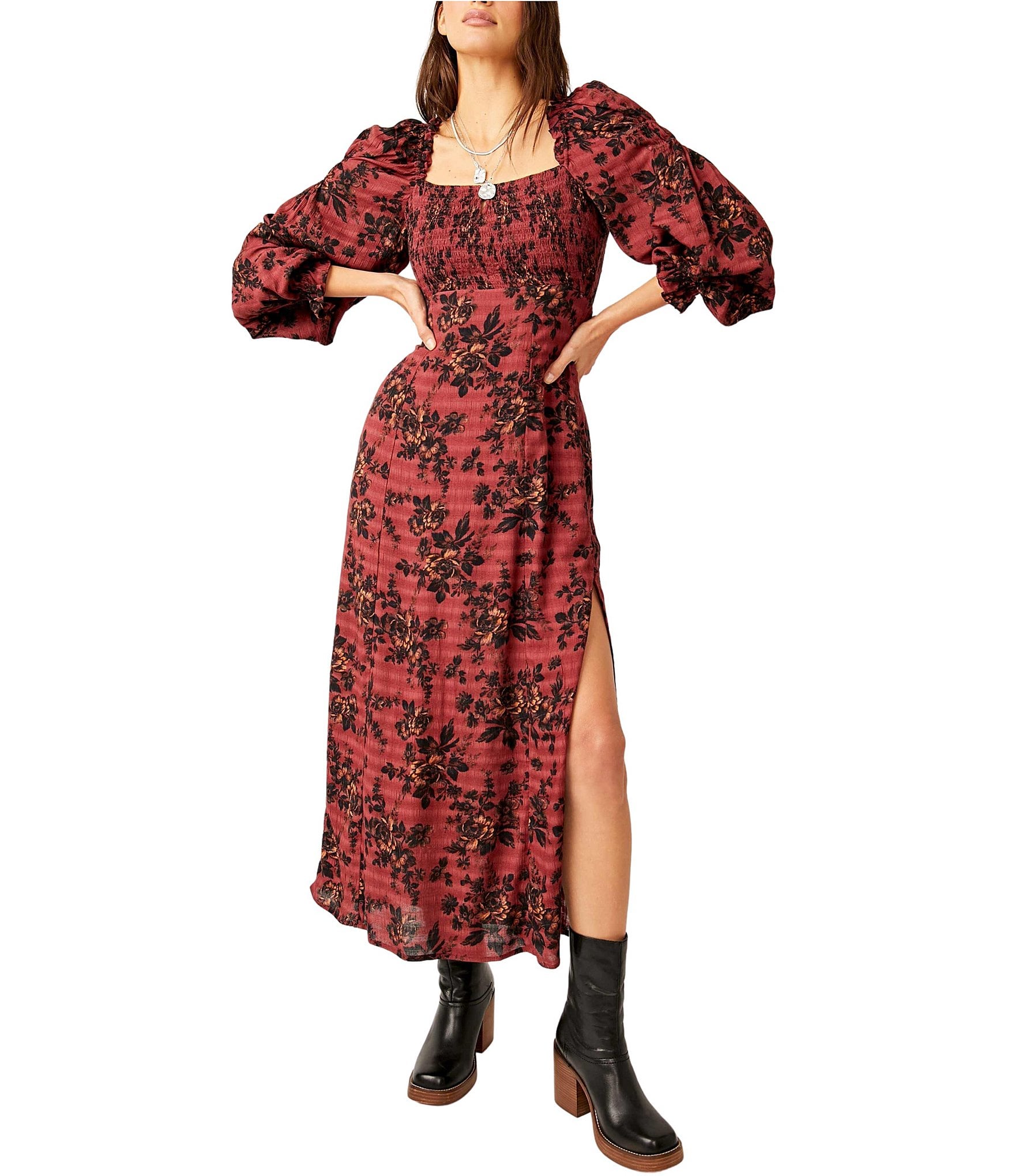 Astrid Black Floral Puff Sleeve Midi Dress - band of the free