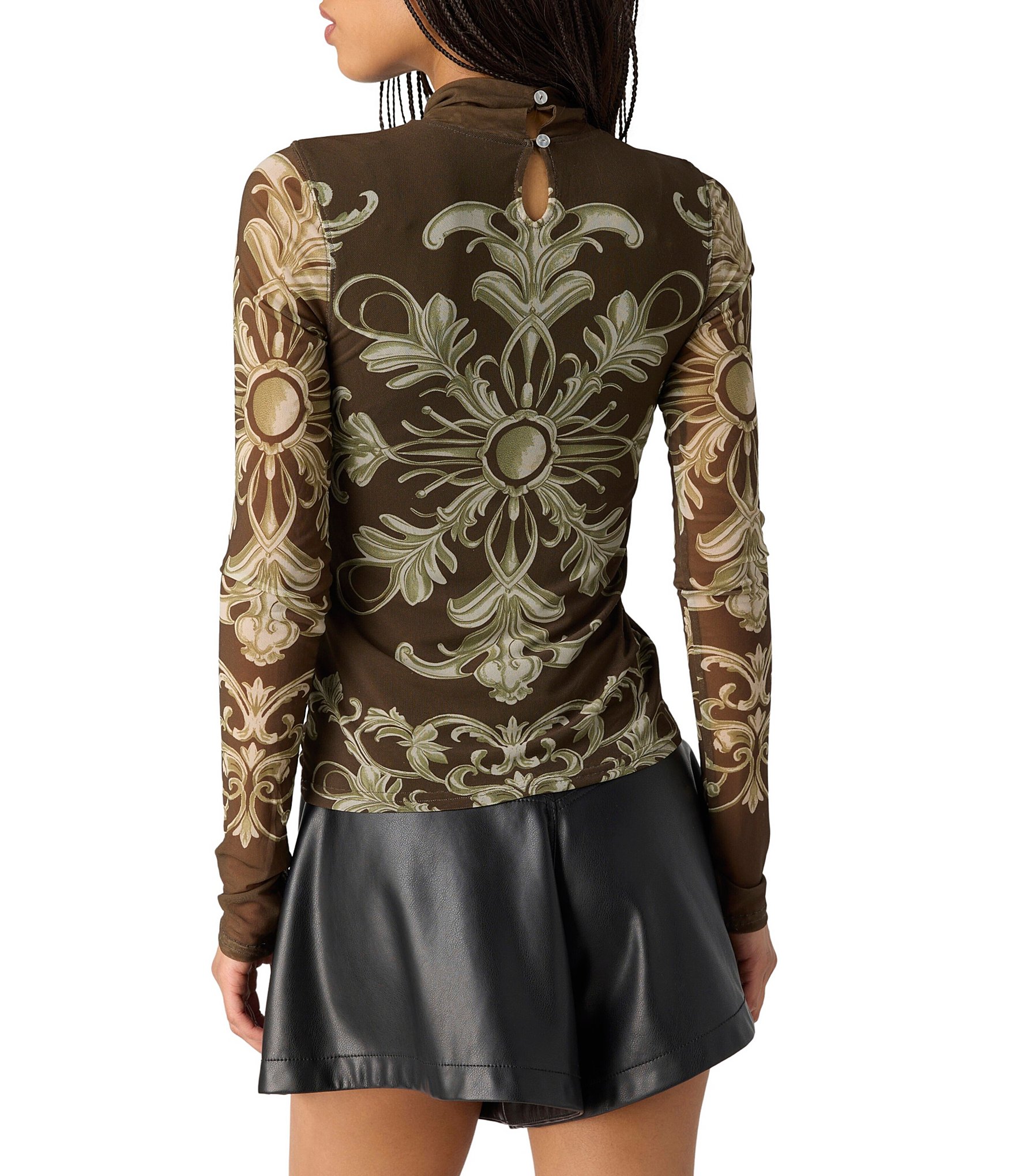 Free People Jessa Printed Turtle Neck Long Sleeve Mesh Top
