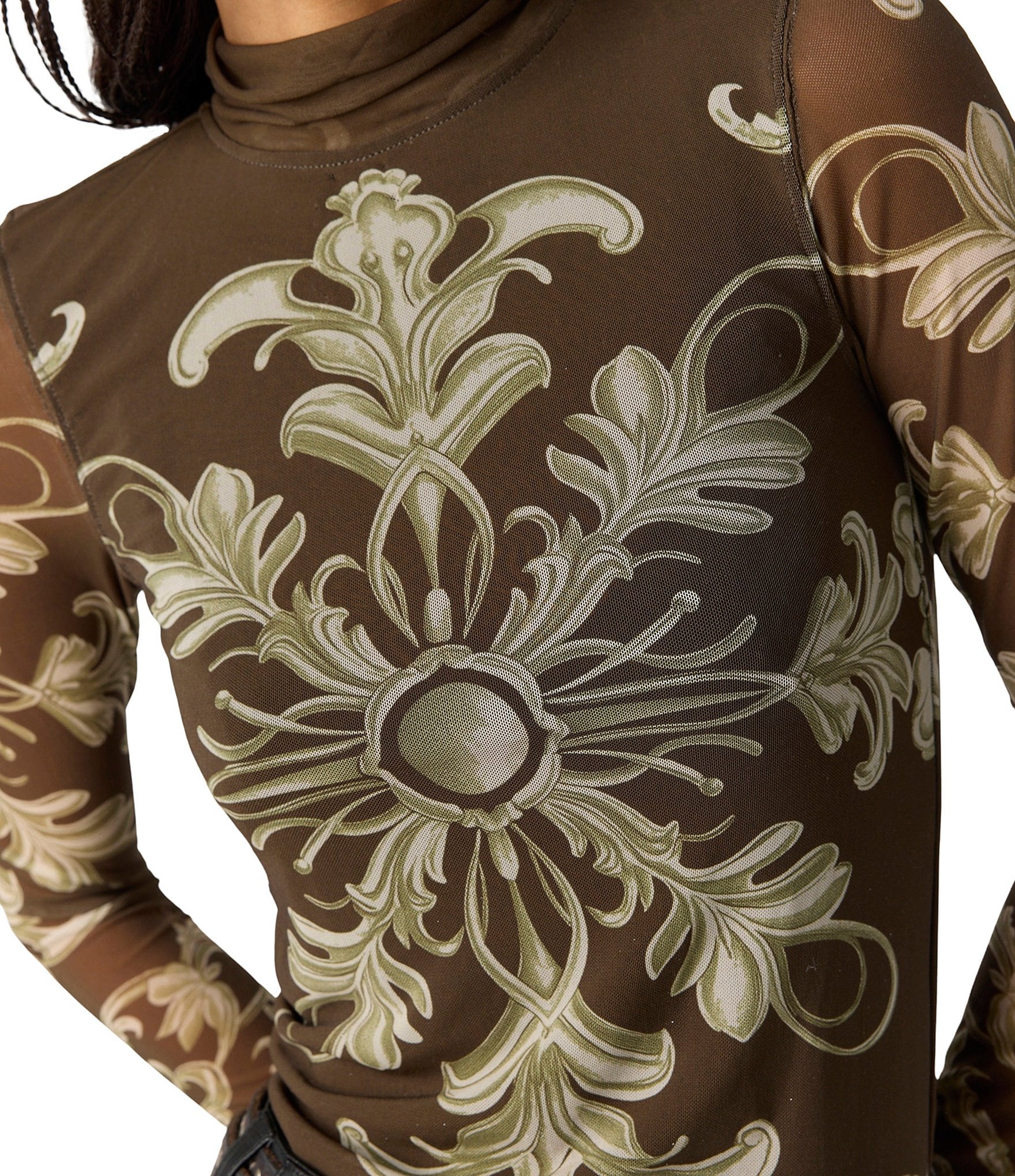 Free People Jessa Printed Turtle Neck Long Sleeve Mesh Top