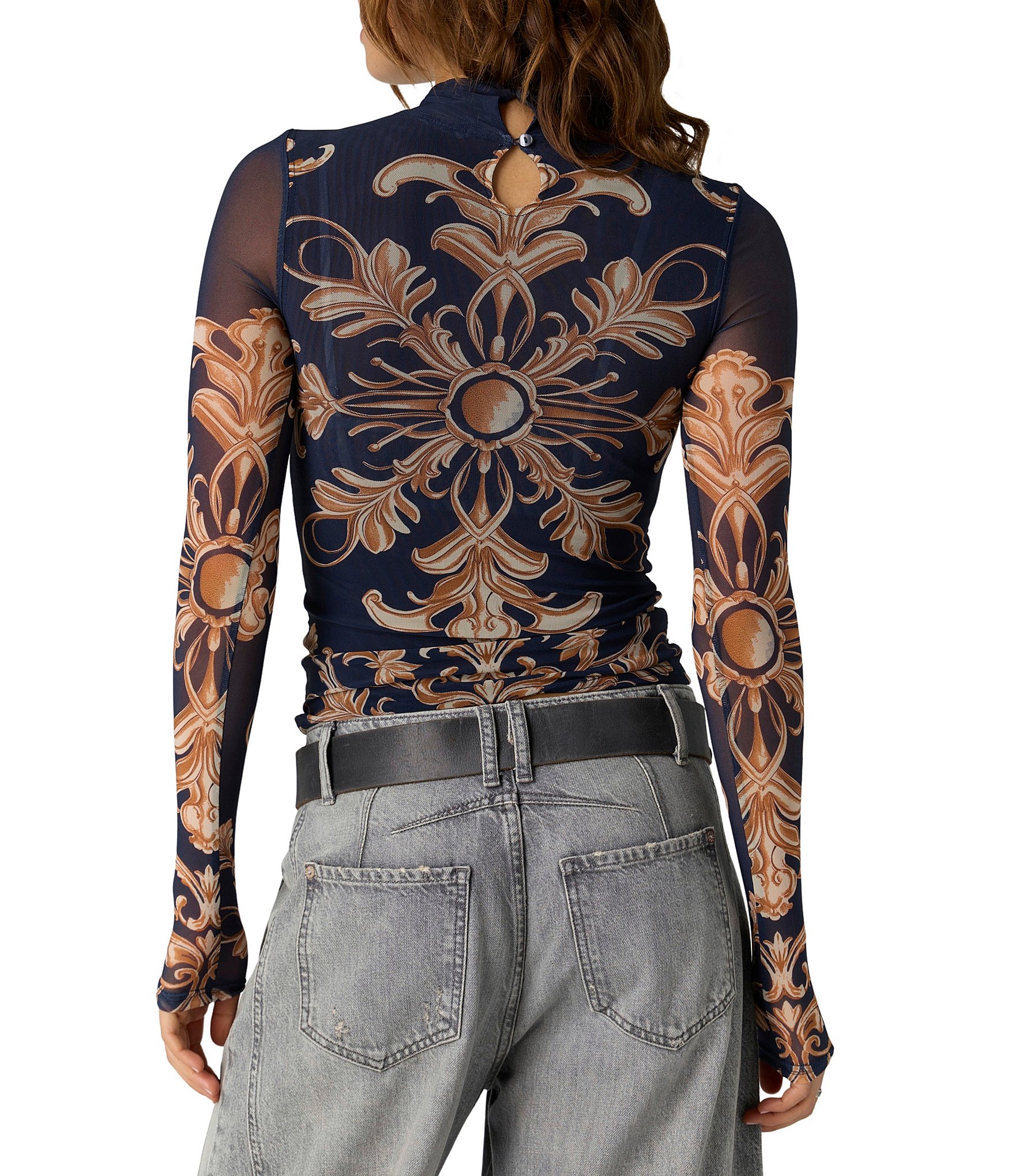 Free People Jessa Printed Turtle Neck Long Sleeve Mesh Top