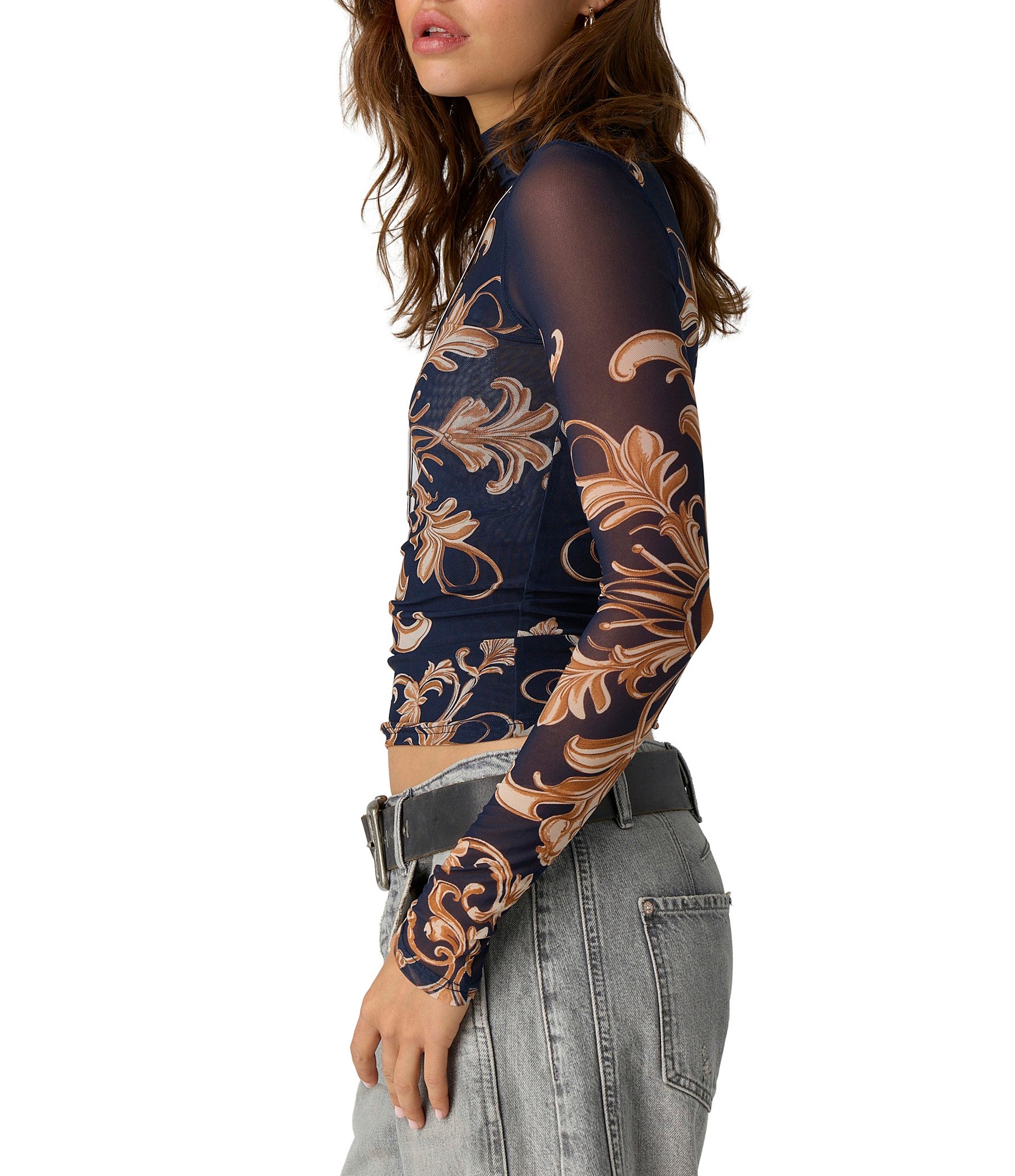 Free People Jessa Printed Turtle Neck Long Sleeve Mesh Top