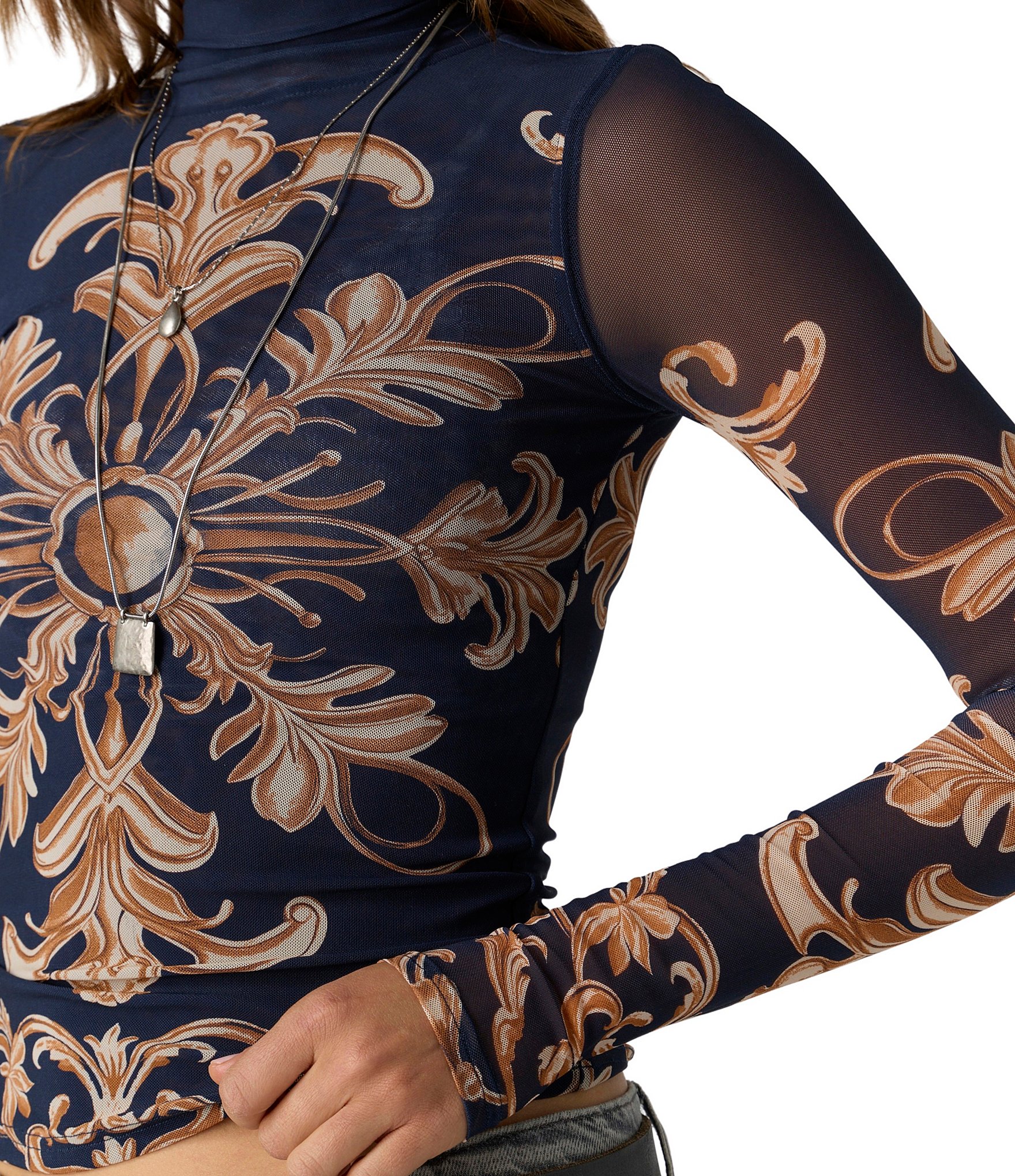 Free People Jessa Printed Turtle Neck Long Sleeve Mesh Top