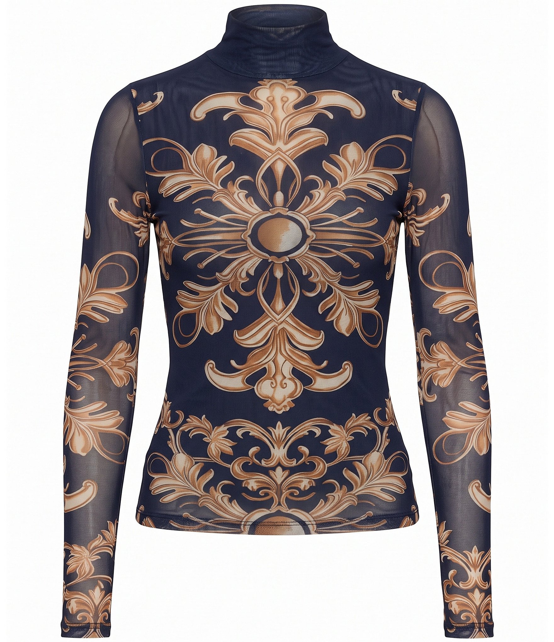 Free People Jessa Printed Turtle Neck Long Sleeve Mesh Top