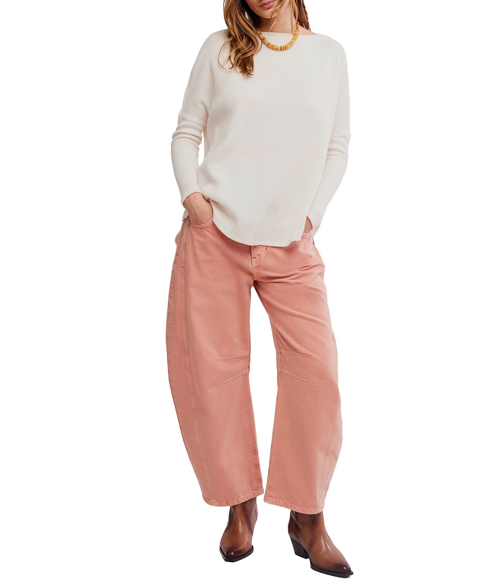 Free People Latte Blues Thermal Boat Neck Long Sleeve Waffle Knit Top