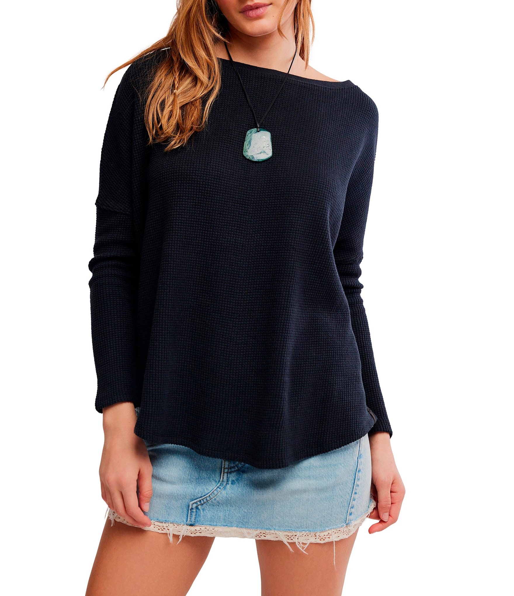 Free People Latte Blues Thermal Boat Neck Long Sleeve Waffle Knit Top