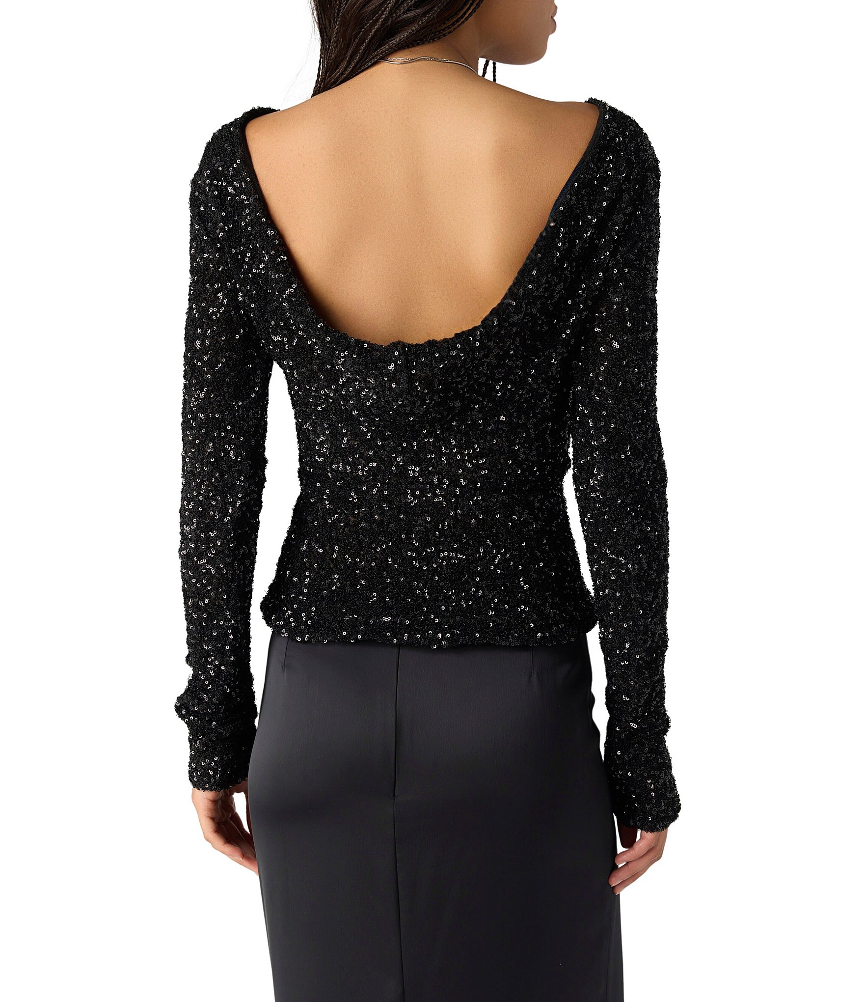 Free People Leading The Way Sequin-Covered Boat Neck Long Sleeve Top