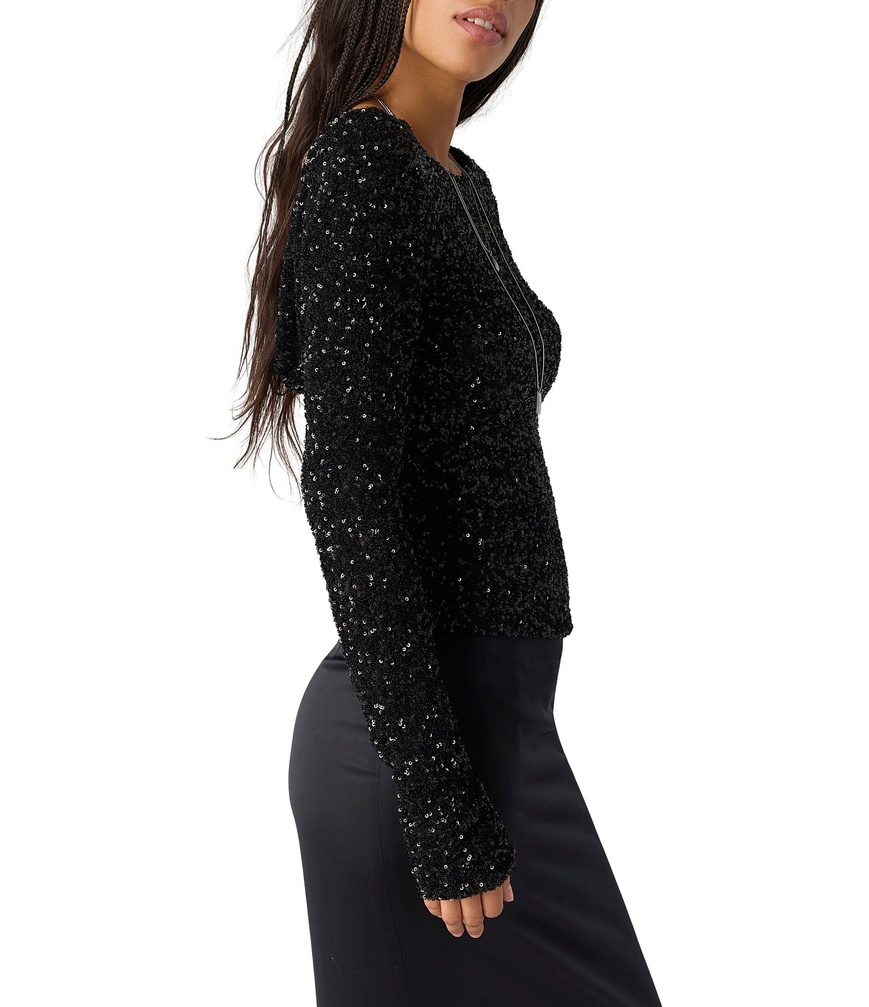 Free People Leading The Way Sequin-Covered Boat Neck Long Sleeve Top