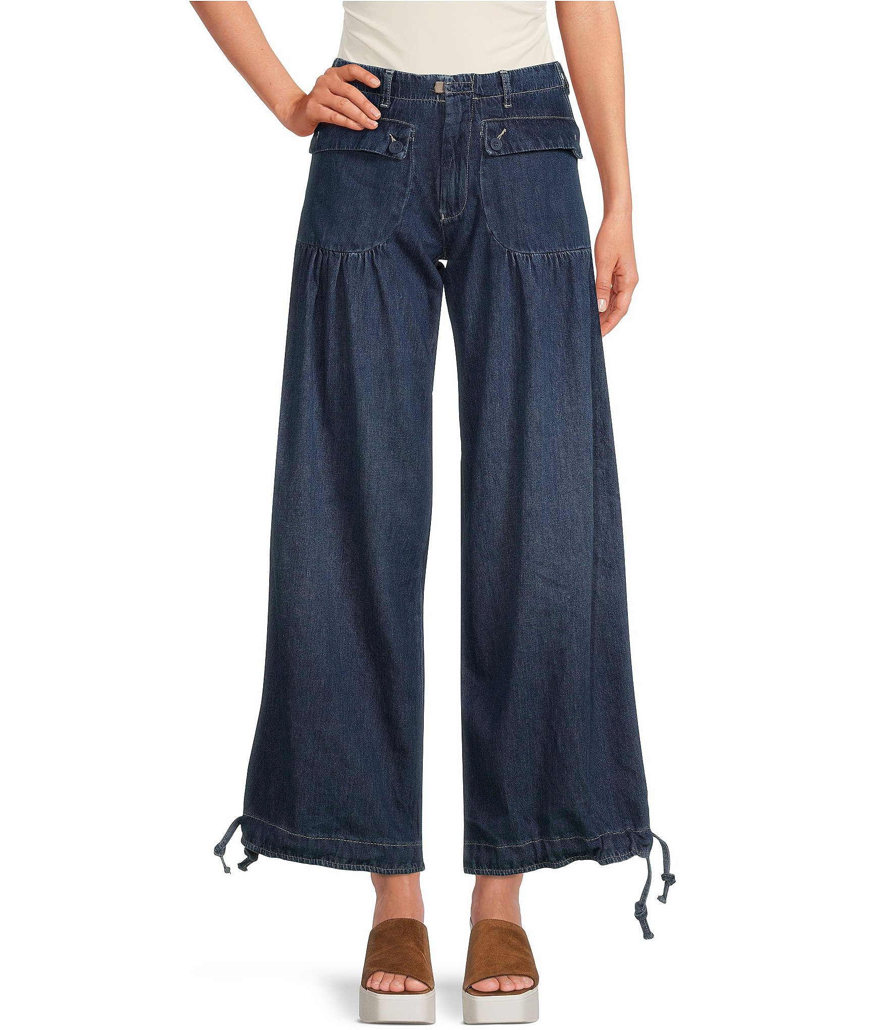 Free People Lotus Mid Rise Cinched-Tie Wide Leg Banded Ankle Jeans |  Dillard's