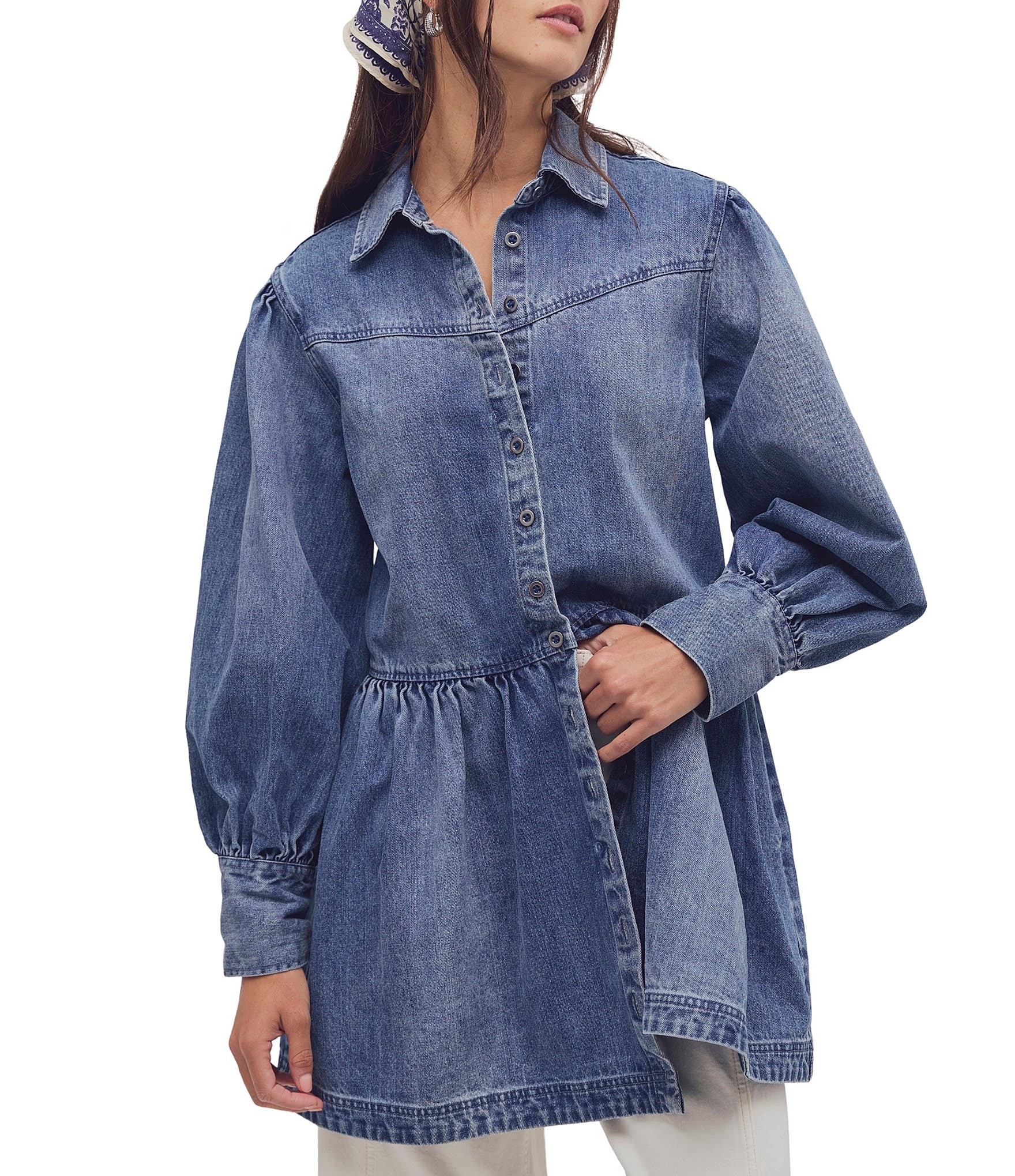Free People Marris Collared Long Sleeve A-Line Denim Mini Dress
