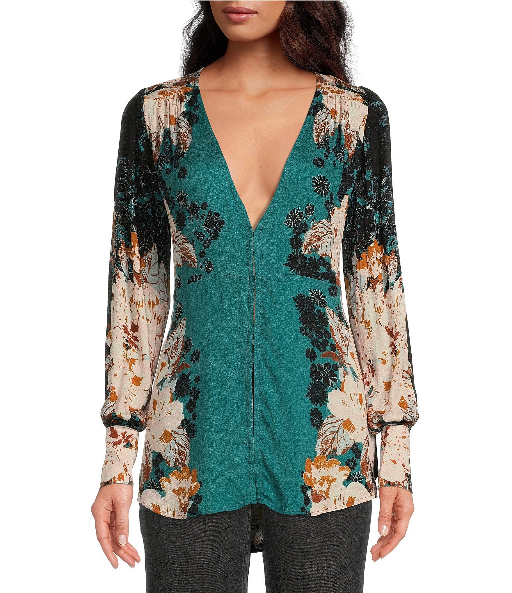 Free People Mikayla Woven Floral Print Plunging V-Neck Long Bishop Sleeve  Tunic | Dillard's