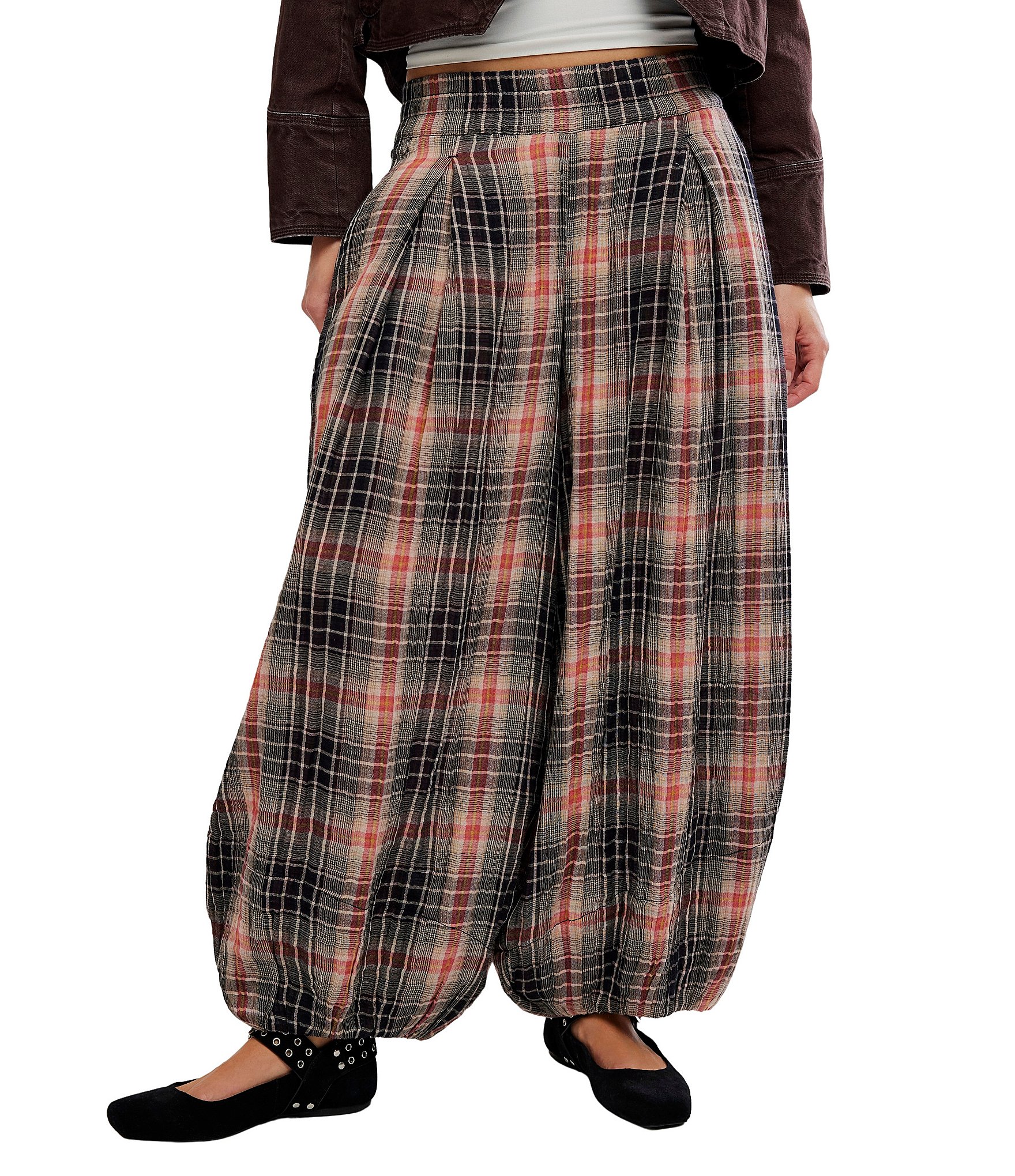 Free People Moonflower Plaid Print Mid Rise Pull-On Balloon Pants