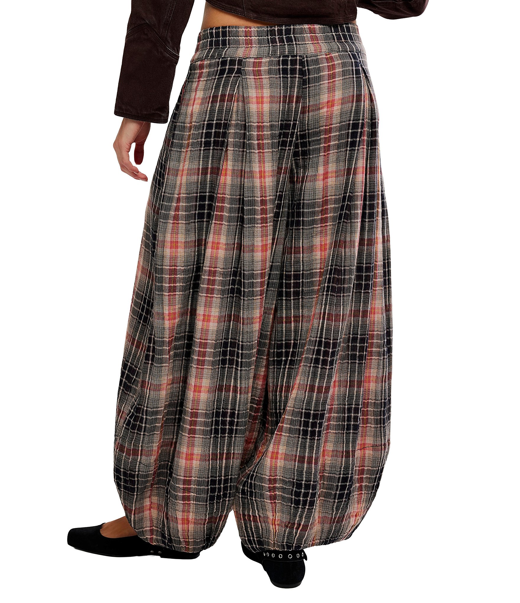 Free People Moonflower Plaid Print Mid Rise Pull-On Balloon Pants