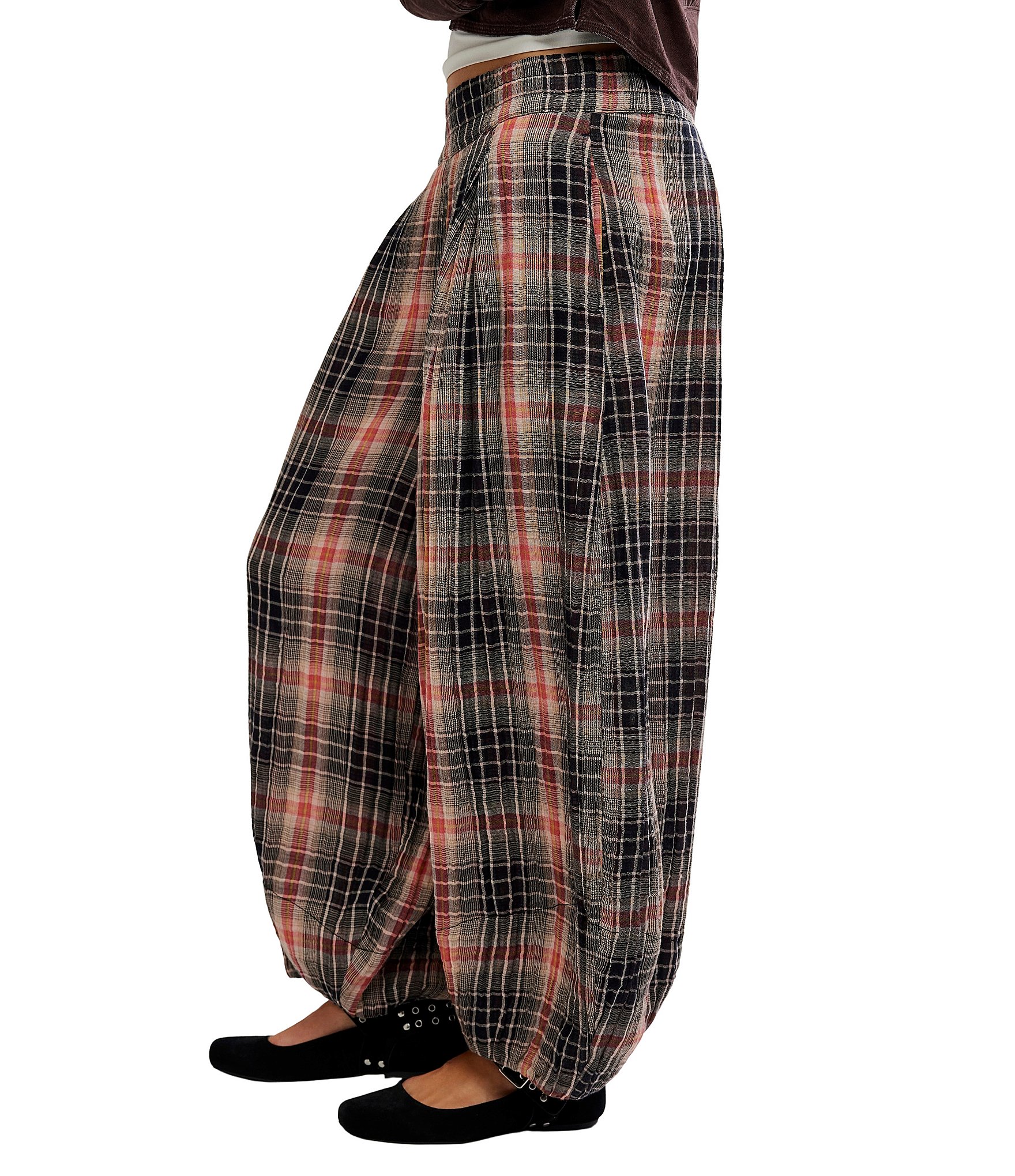 Free People Moonflower Plaid Print Mid Rise Pull-On Balloon Pants