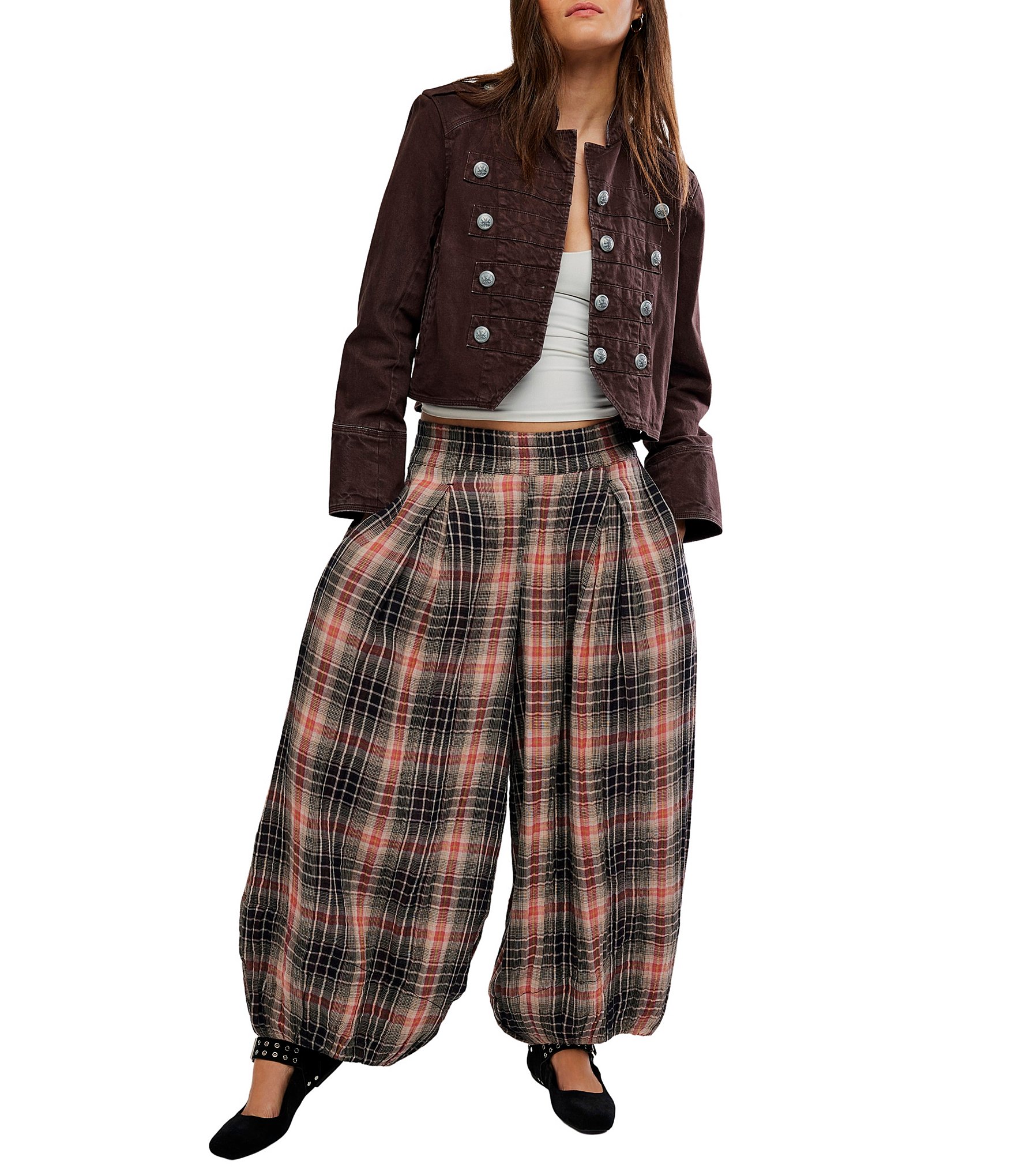 Free People Moonflower Plaid Print Mid Rise Pull-On Balloon Pants