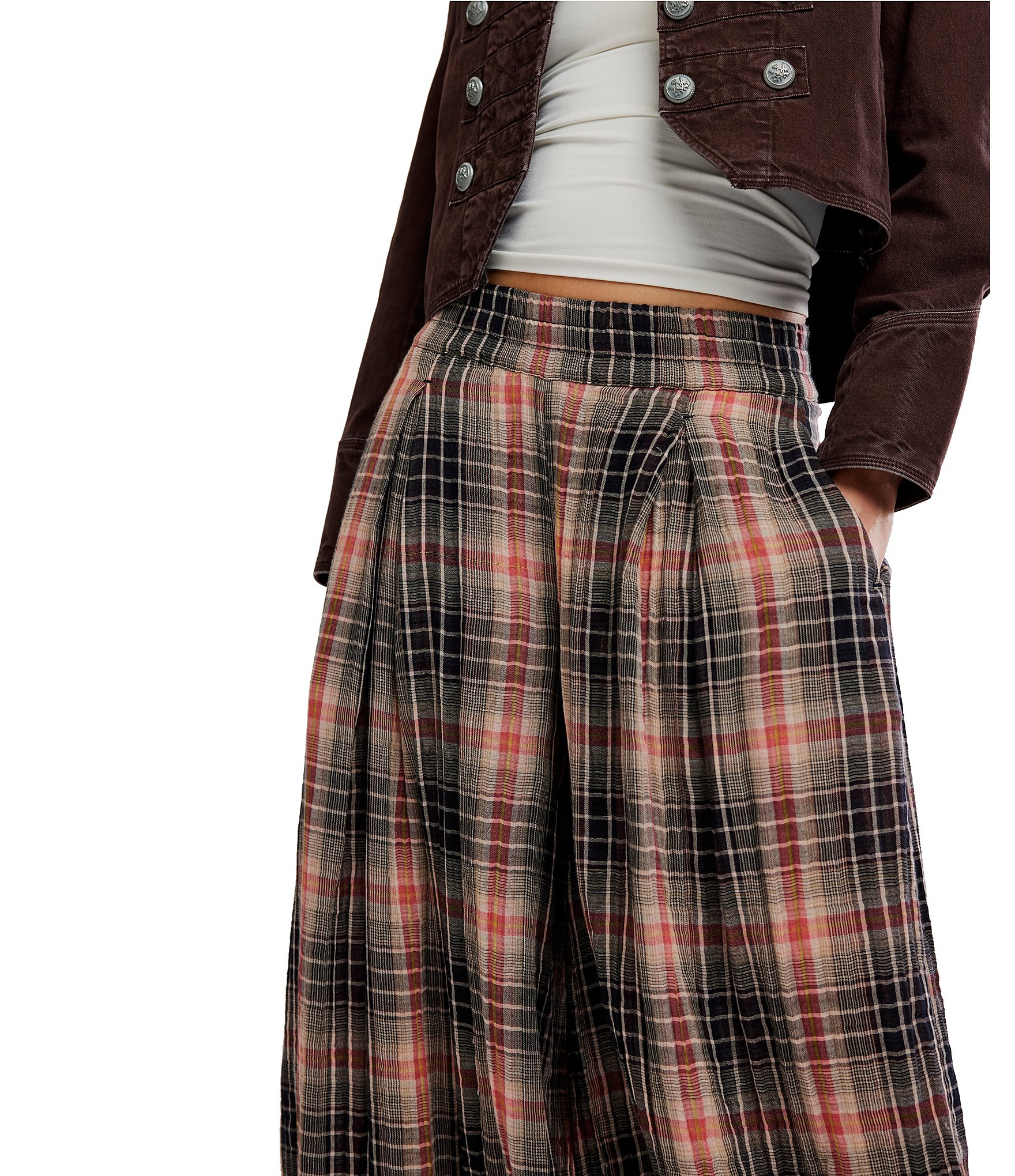 Free People Moonflower Plaid Print Mid Rise Pull-On Balloon Pants