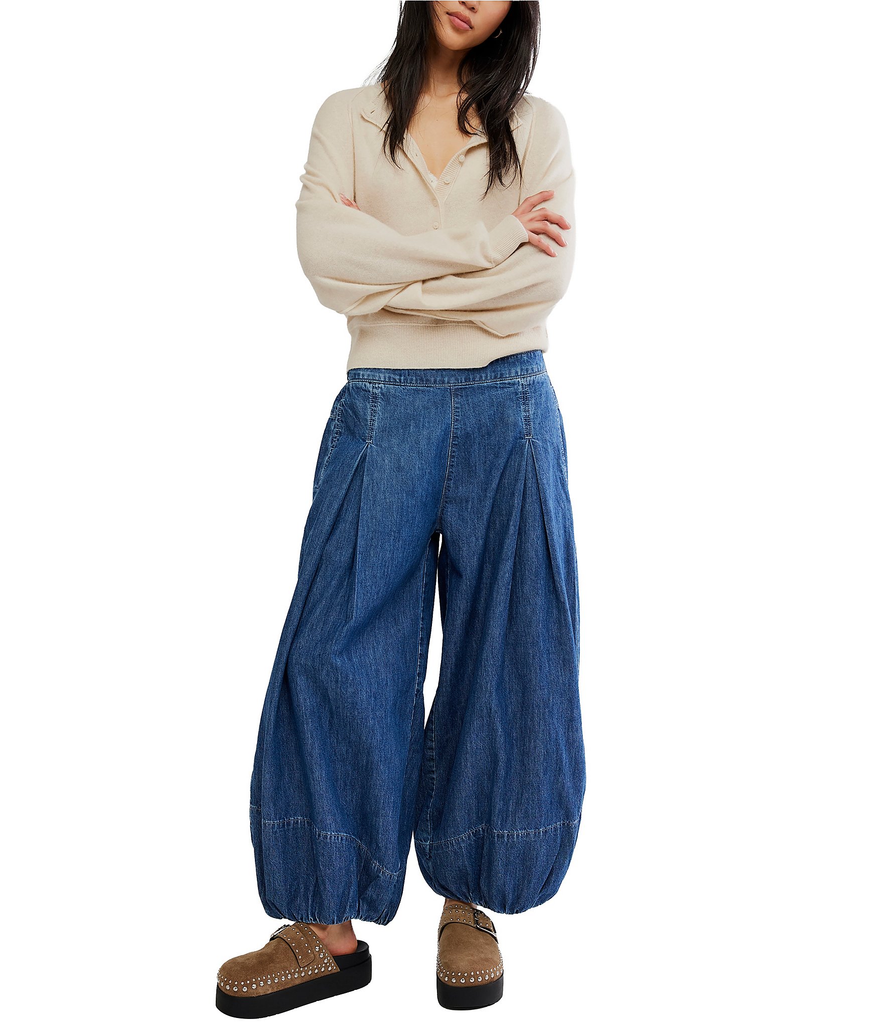 Free People Moonflower Pull-On Mid Rise Balloon Leg Denim Jeans