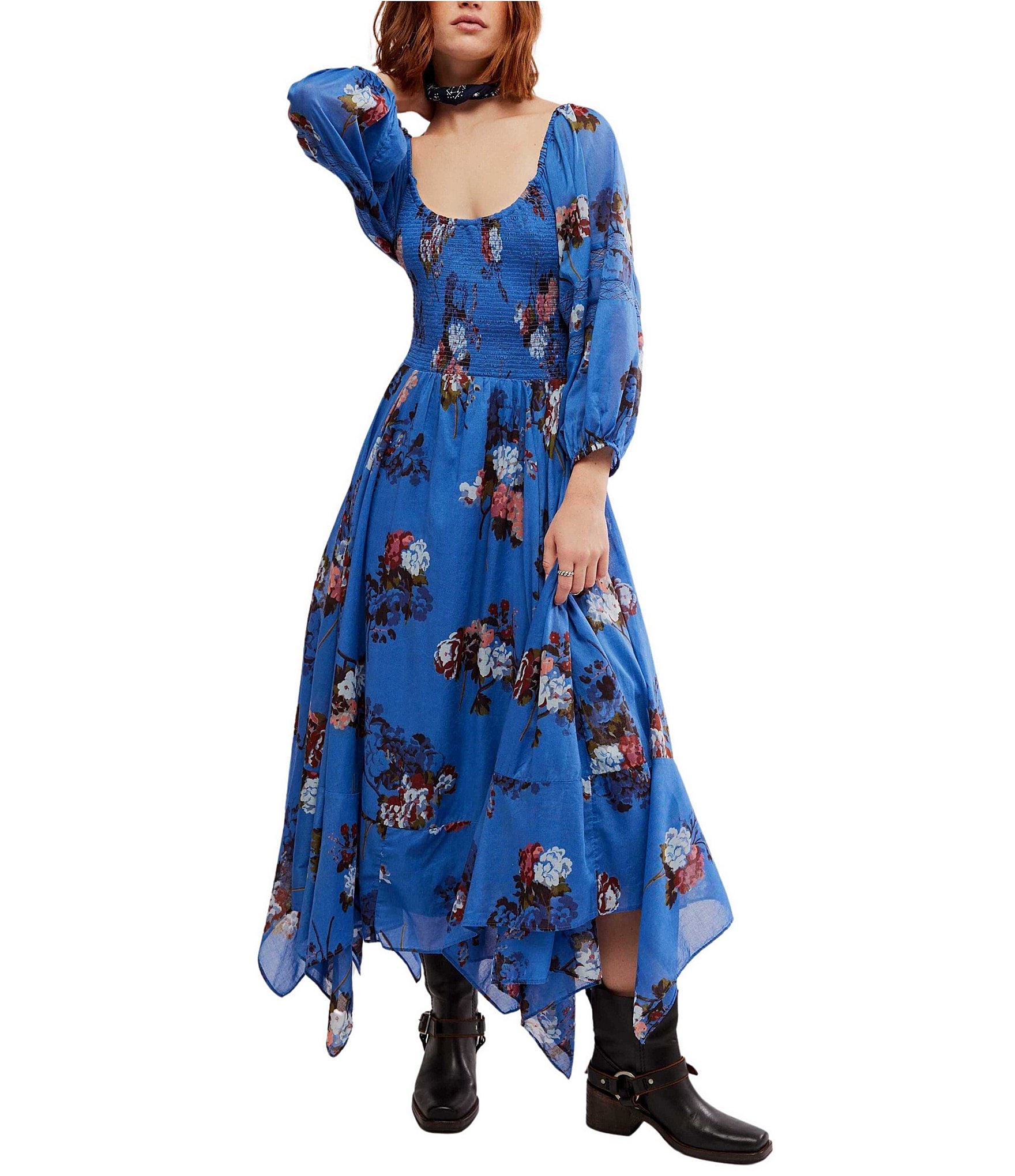 Free People Morning Glory Floral Print Scoop Neck Long Sleeve Smocked ...