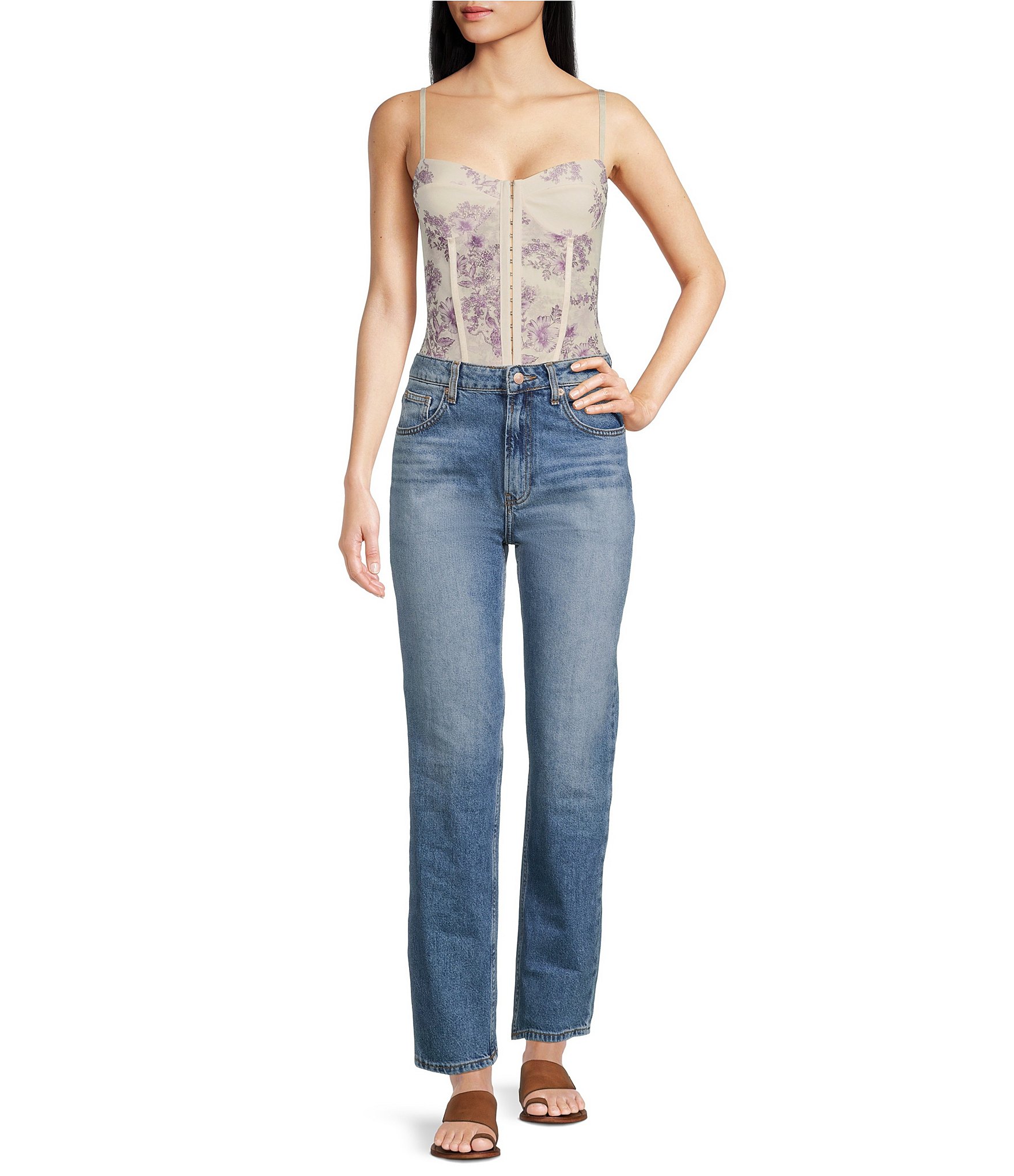 Free People Night Rhythm Printed Sweetheart Neck Bodysuit