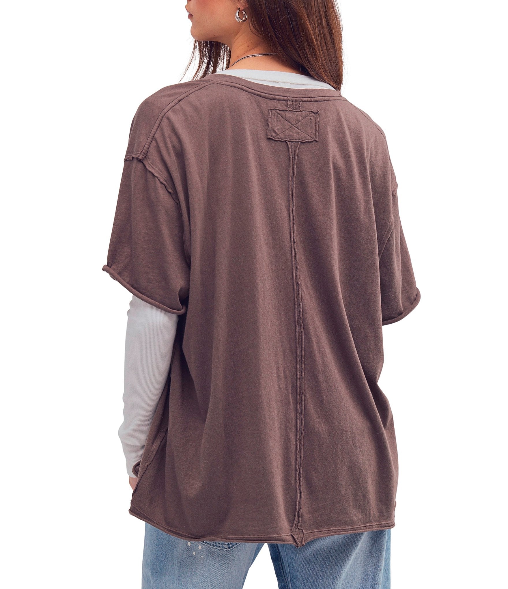 Free People Nina Short Sleeve Raw Edge Crew Neck Boxy Tee Shirt