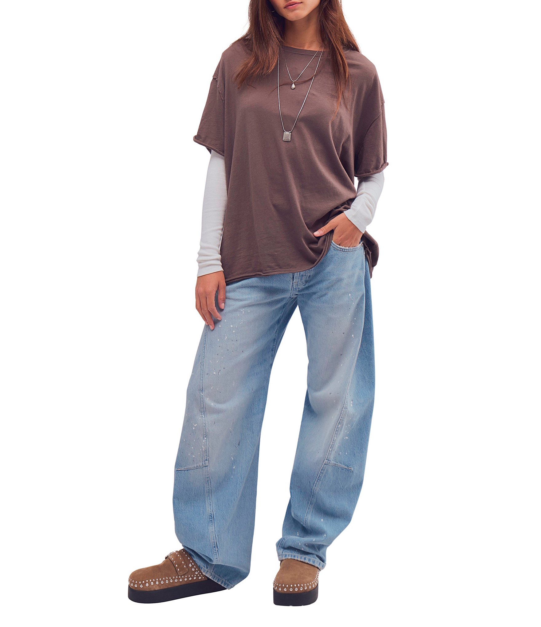 Free People Nina Short Sleeve Raw Edge Crew Neck Boxy Tee Shirt