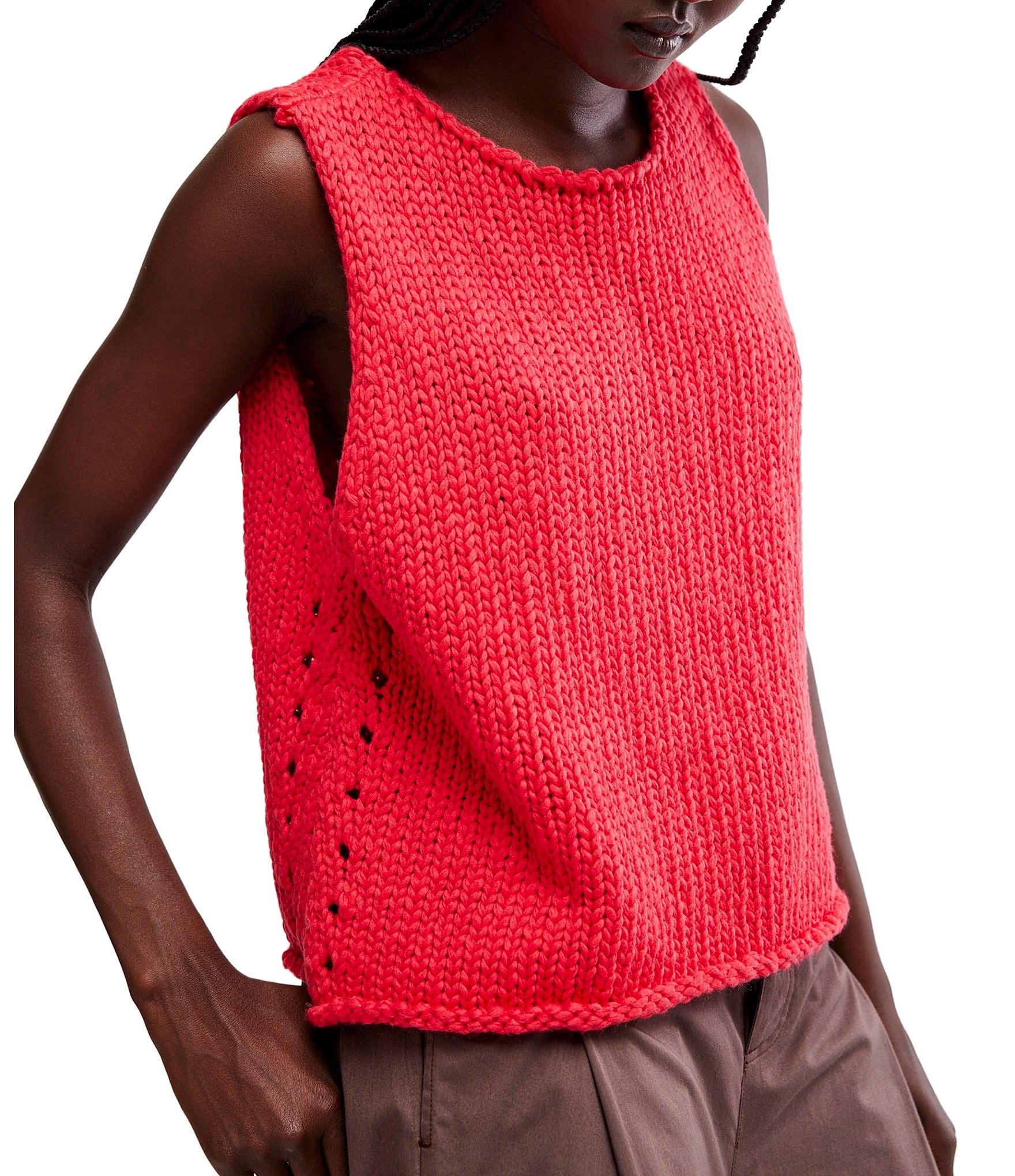 Free People Opal Rolled Round Neck Sleeveless Sweater Knit Tank Top
