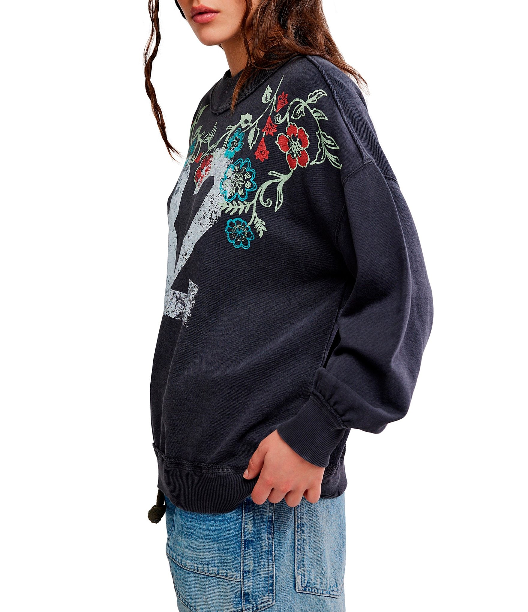 Free People Palm Spring Graphic Mock Neck Long Sleeve Pullover