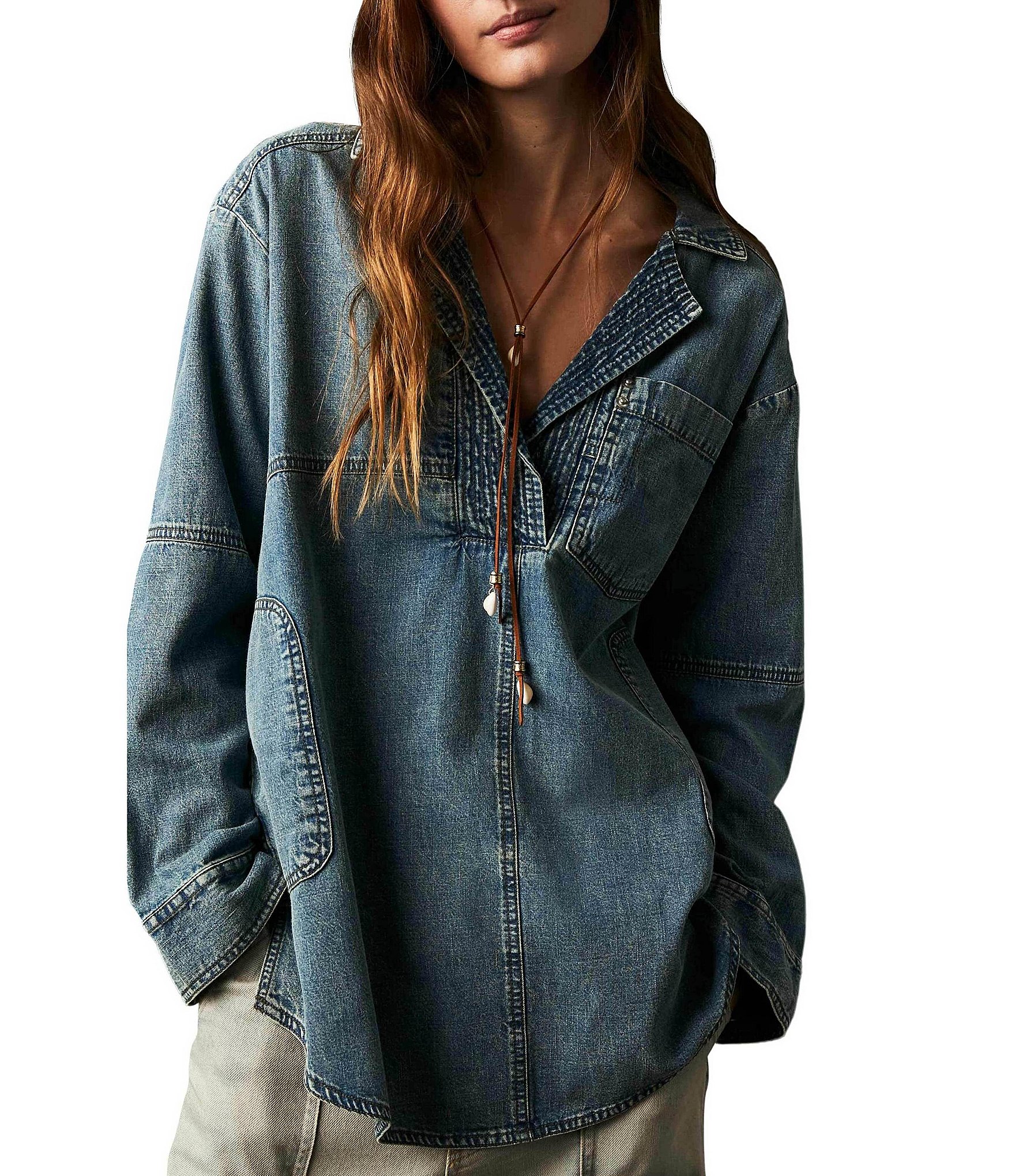 Free People The Franklin Denim Notch Collar Long Sleeve Tailored