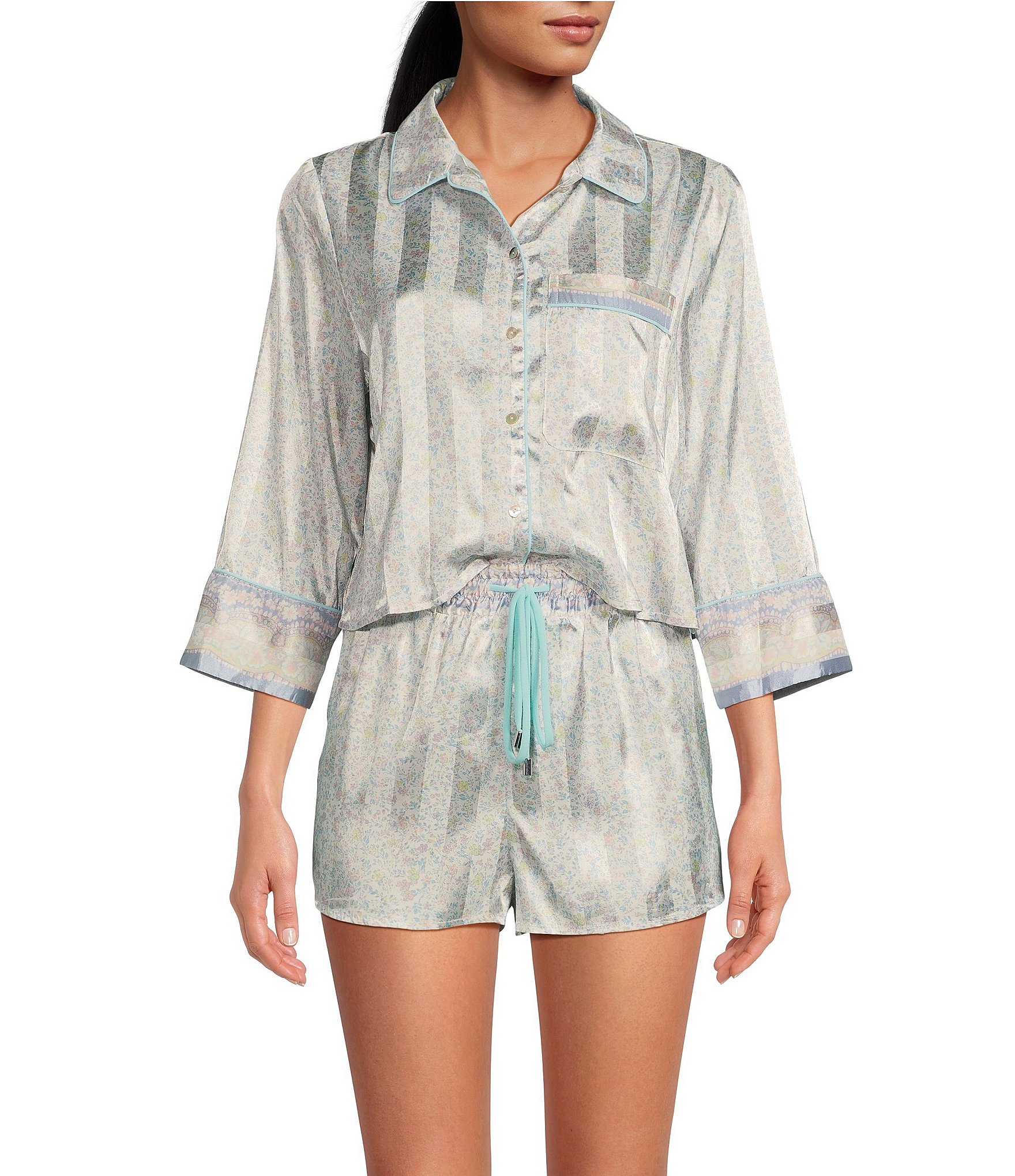 Free People Pillow Talk Floral Stripe Printed Button Front 3/4 Sleeve Satin Pajama Set