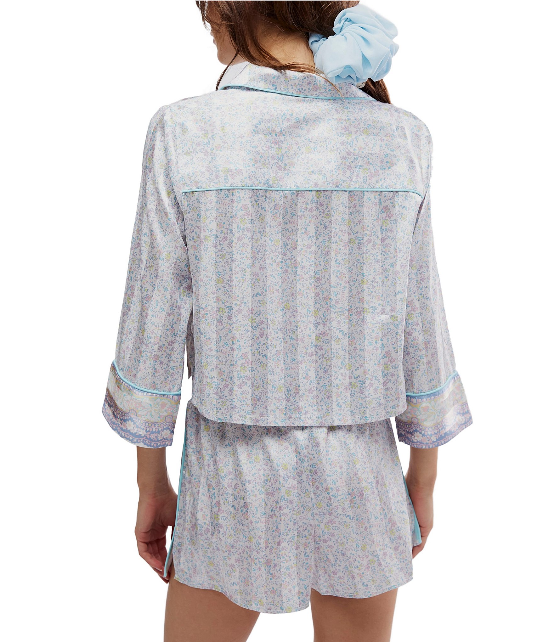 Free People Pillow Talk Floral Stripe Printed Button Front 3/4 Sleeve Satin Pajama Set