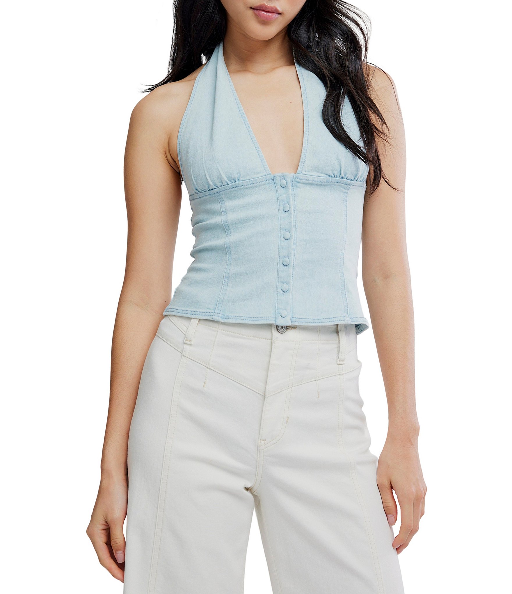 Free People Ramona Halter Neck Sleeveless Button-Front Denim Top