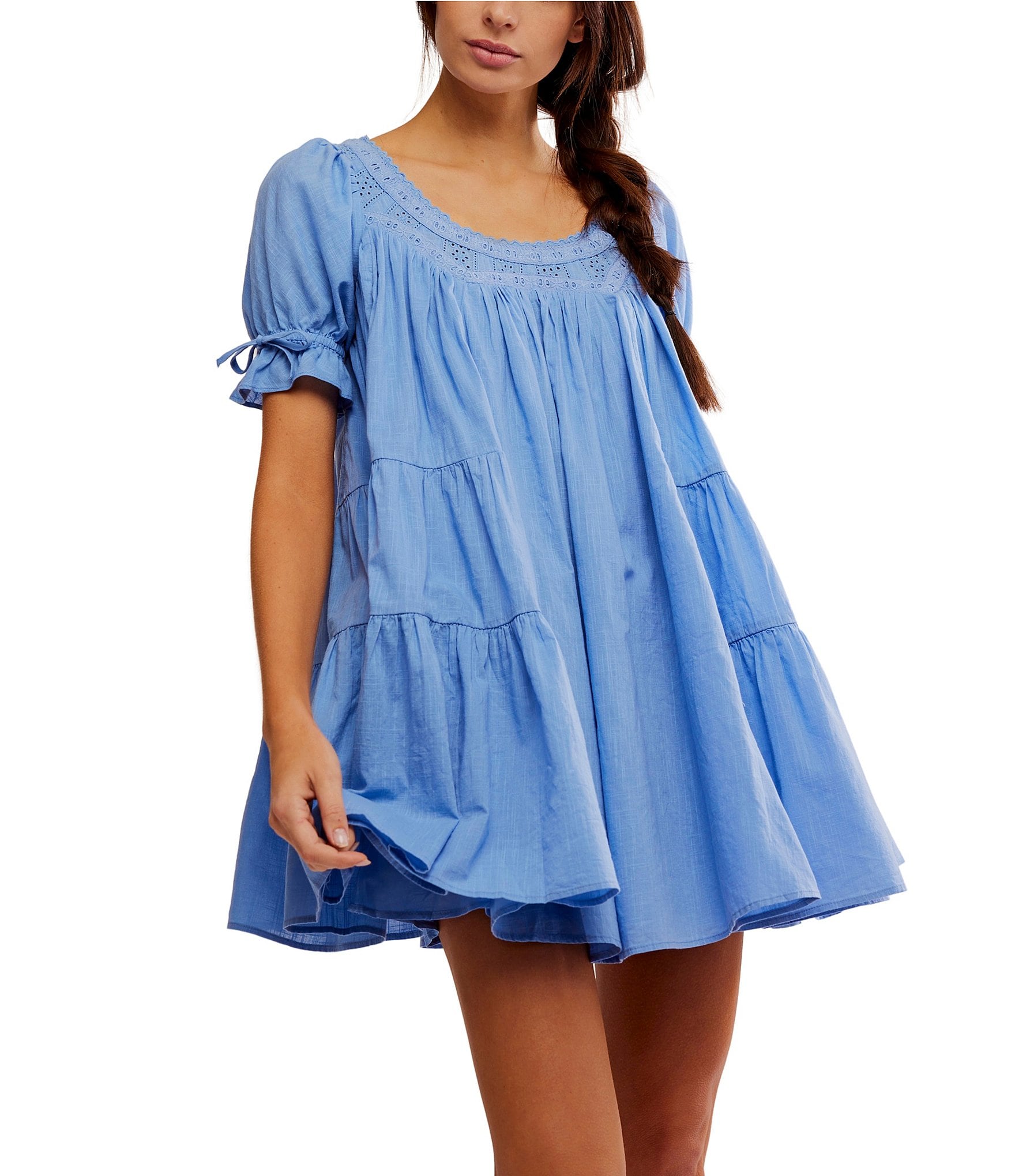 Free People Sandy Shores Scoop Neck Short Puff Sleeve Tiered Free People Sandy Shores Scoop Neck Short Puff Sleeve Tiered