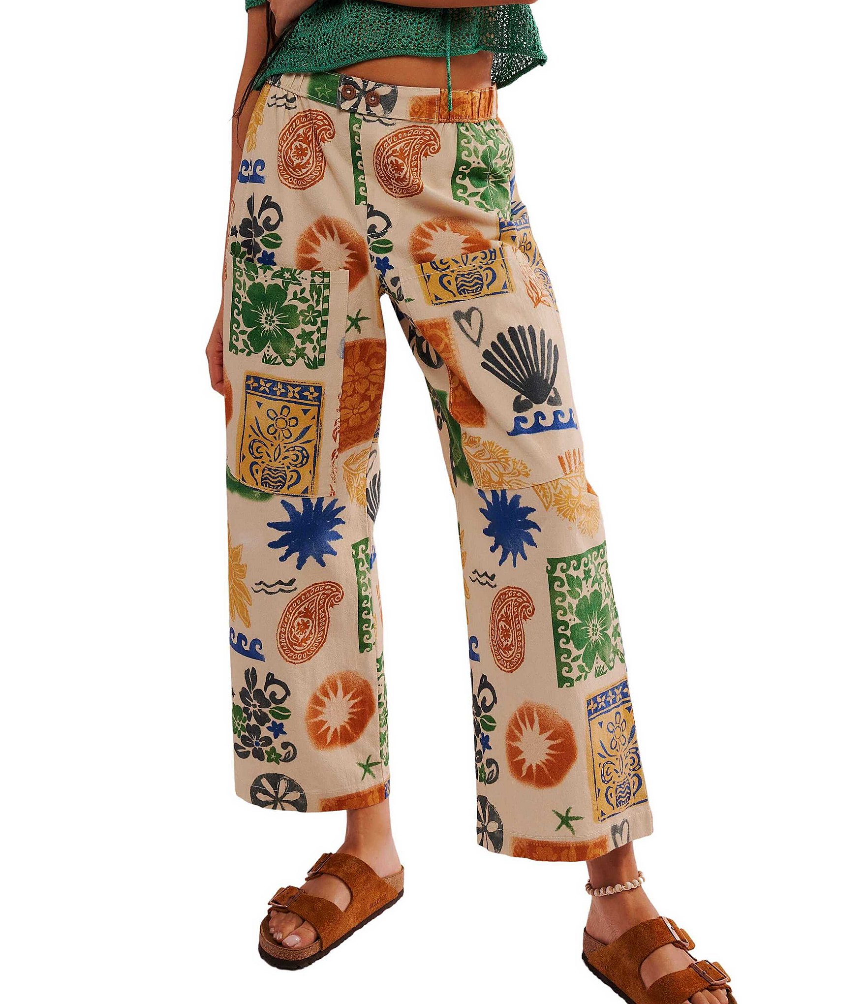 Free People Seaside Beachy Block Printed Mid Rise Wide Leg