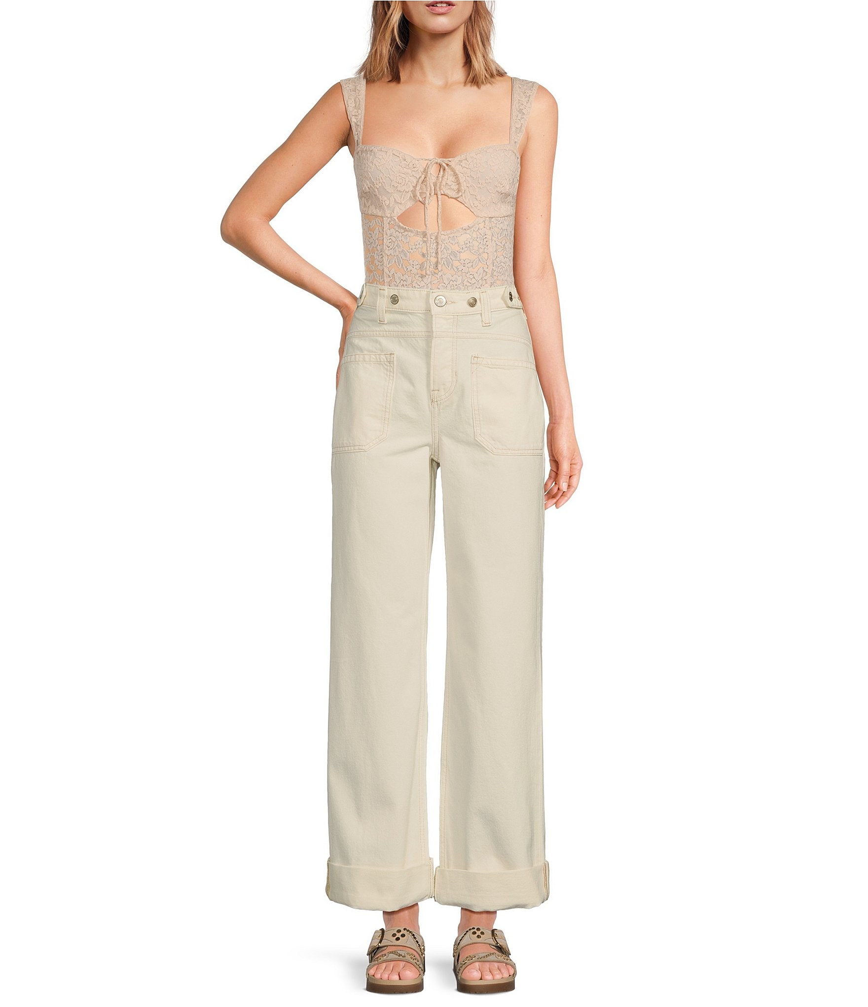 Free People Strike A Pose Lace Cut-Out Sweetheart Neck Sleeveless Bodysuit