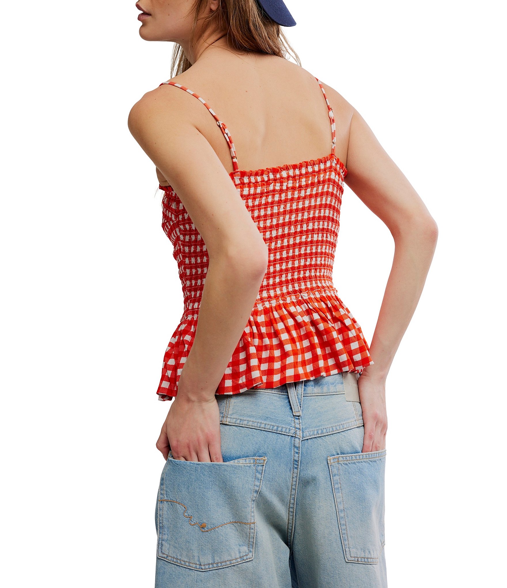 Free People Sundance Gingham Print Square Neck Sleeveless Peplum Hem Tank Top