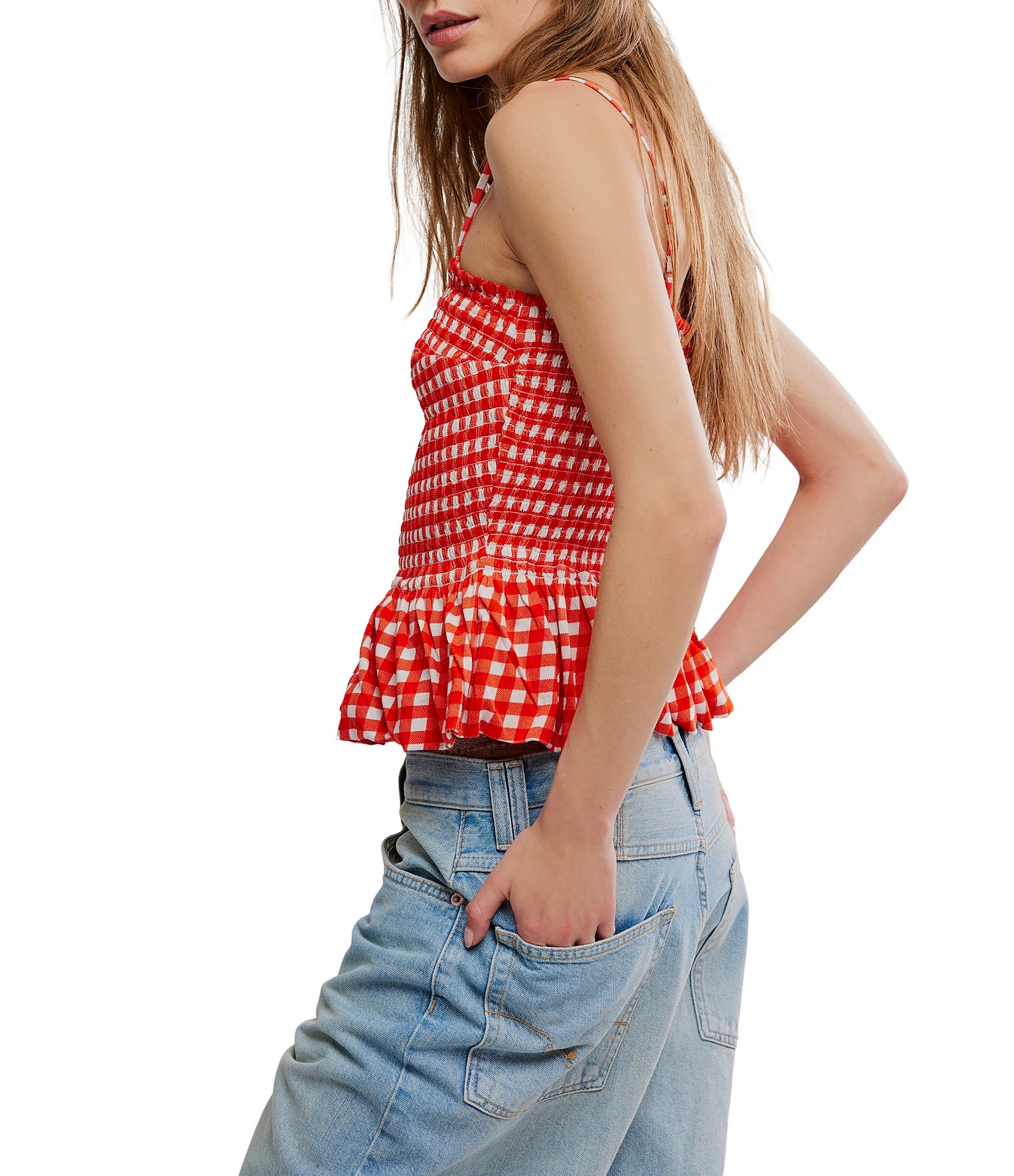 Free People Sundance Gingham Print Square Neck Sleeveless Peplum Hem Tank Top