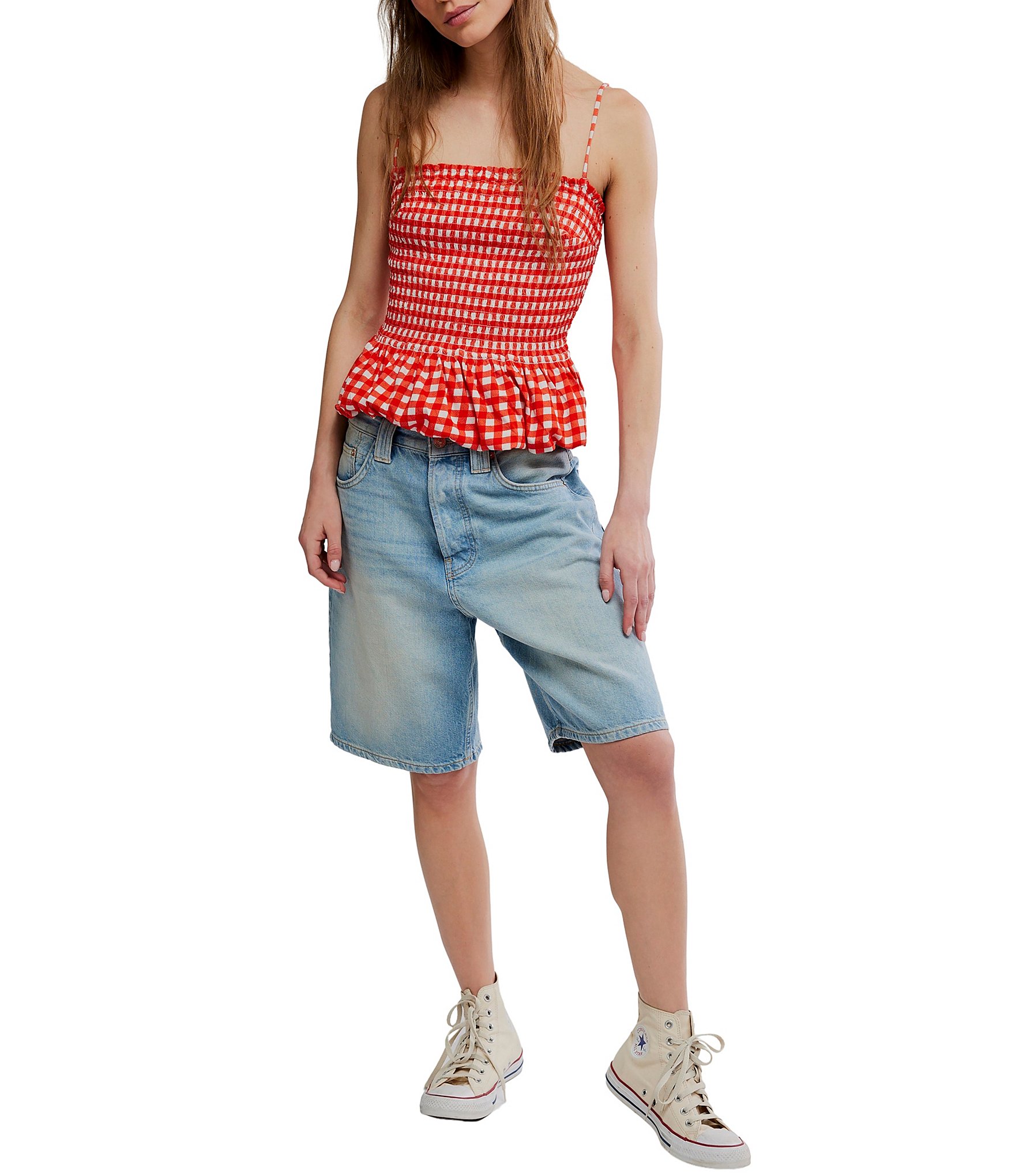 Free People Sundance Gingham Print Square Neck Sleeveless Peplum Hem Tank Top