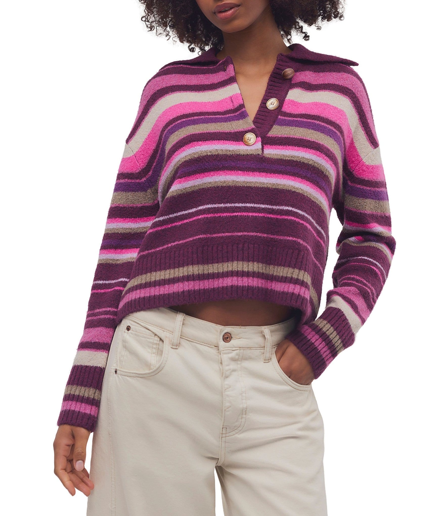 Free People Trading Up Striped Collared Long Sleeve Polo Sweater