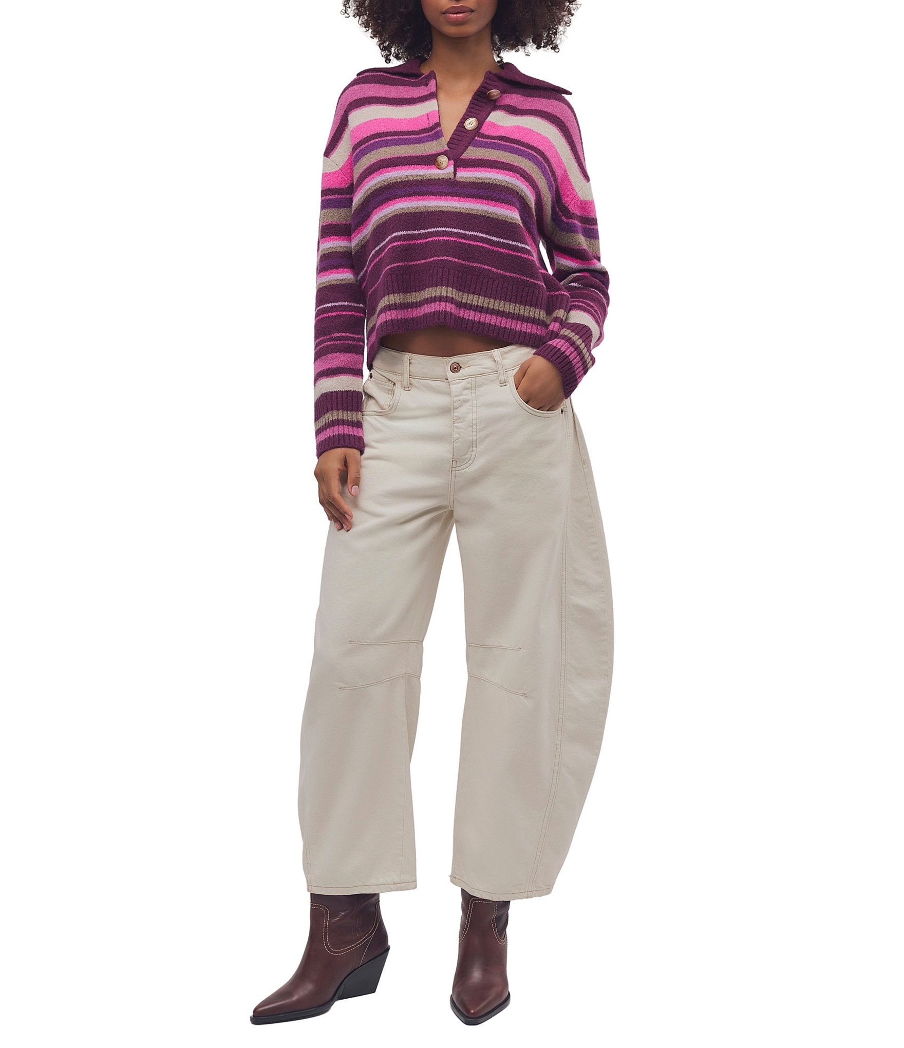 Free People Trading Up Striped Collared Long Sleeve Polo Sweater