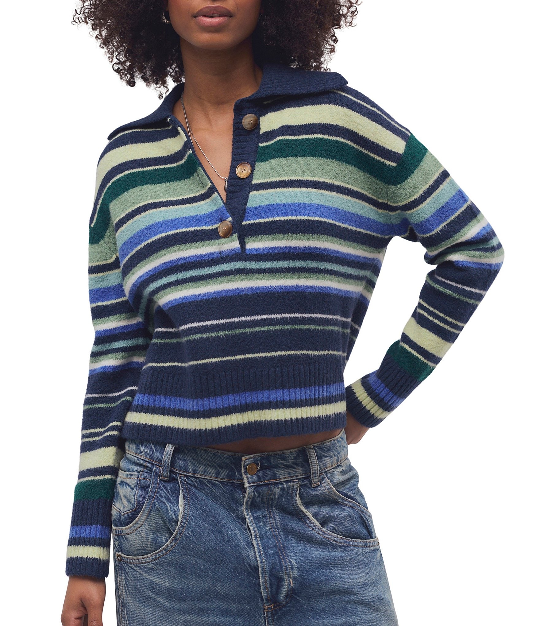 Free People Trading Up Striped Collared Long Sleeve Polo Sweater